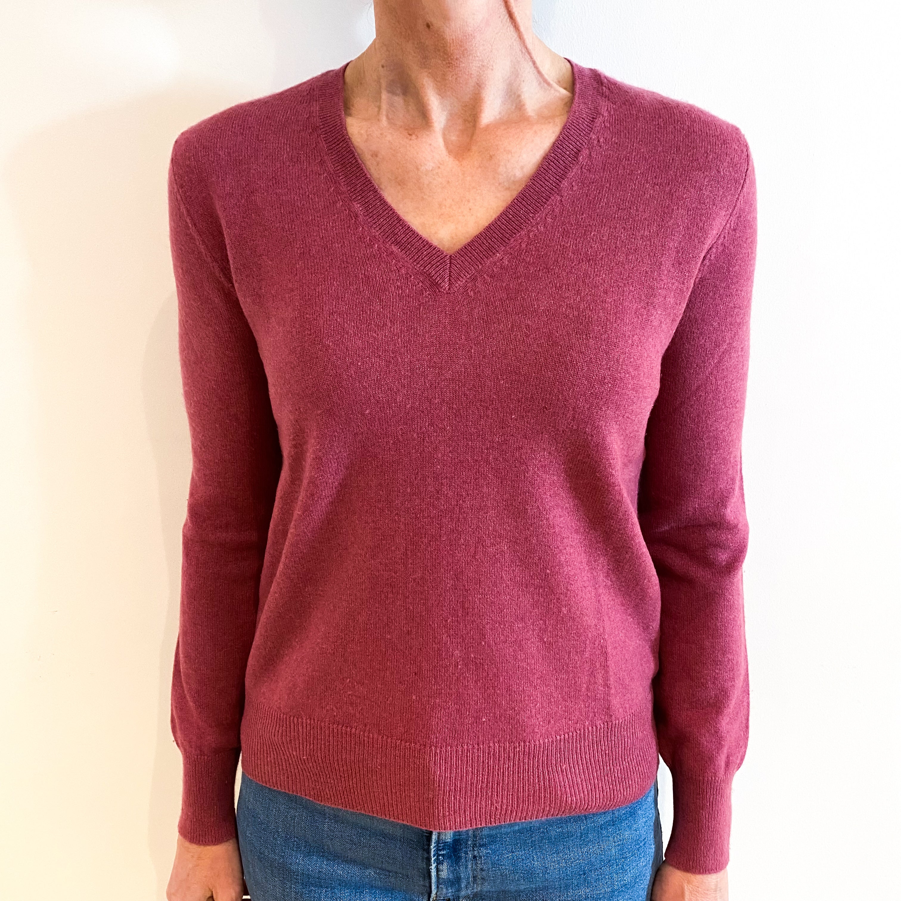 Heather Pink Cashmere V Neck Jumper Small