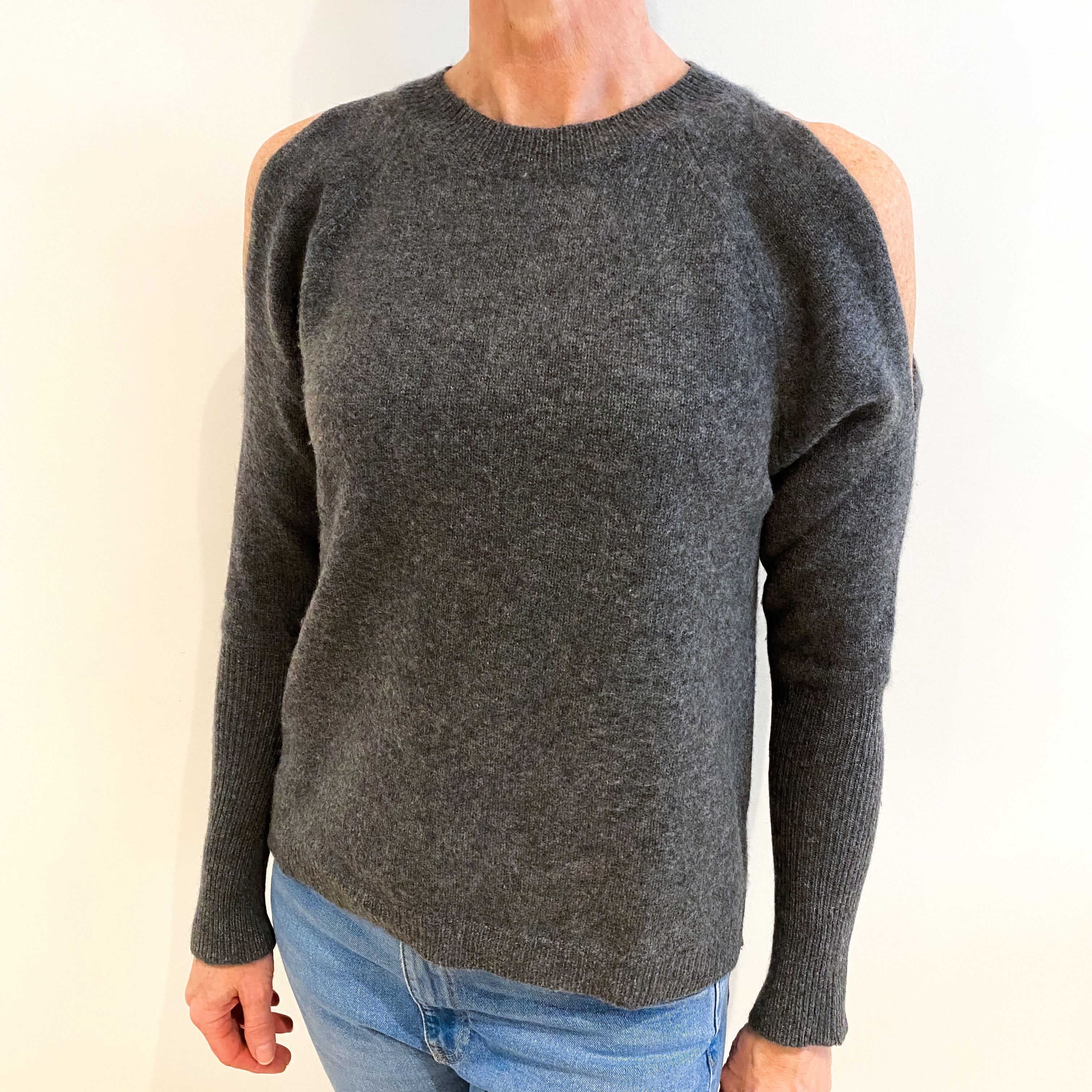 Slate Grey Open Shoulder Cashmere Crew Neck Jumper Small