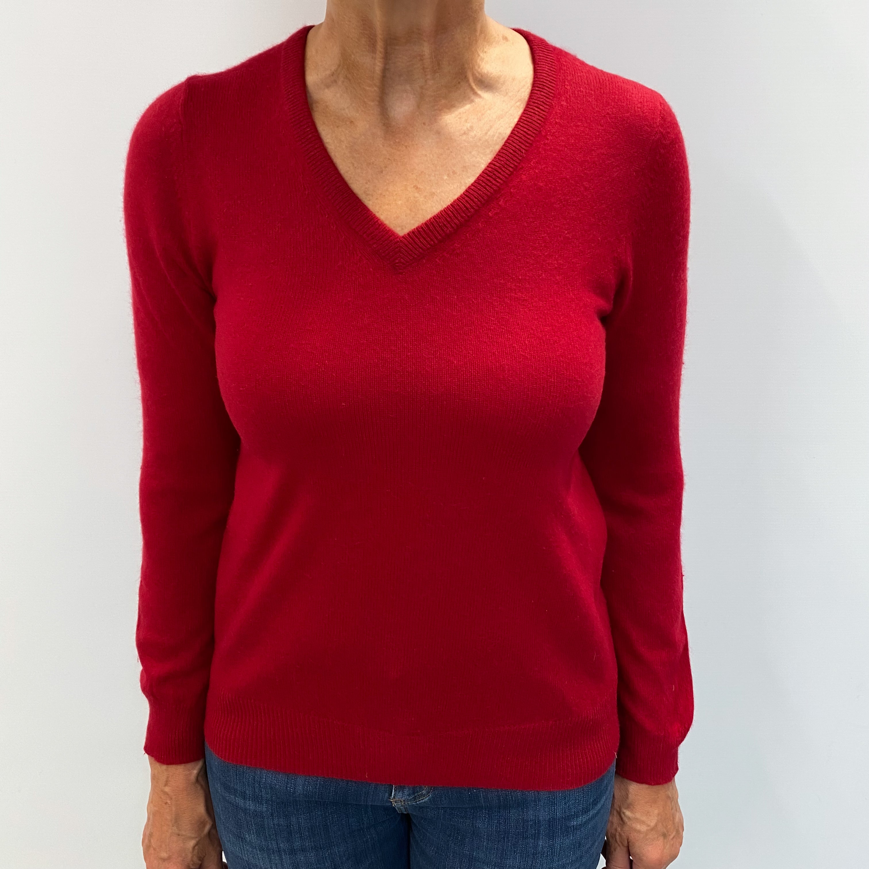 Post Box Red Cashmere V Neck Jumper Medium