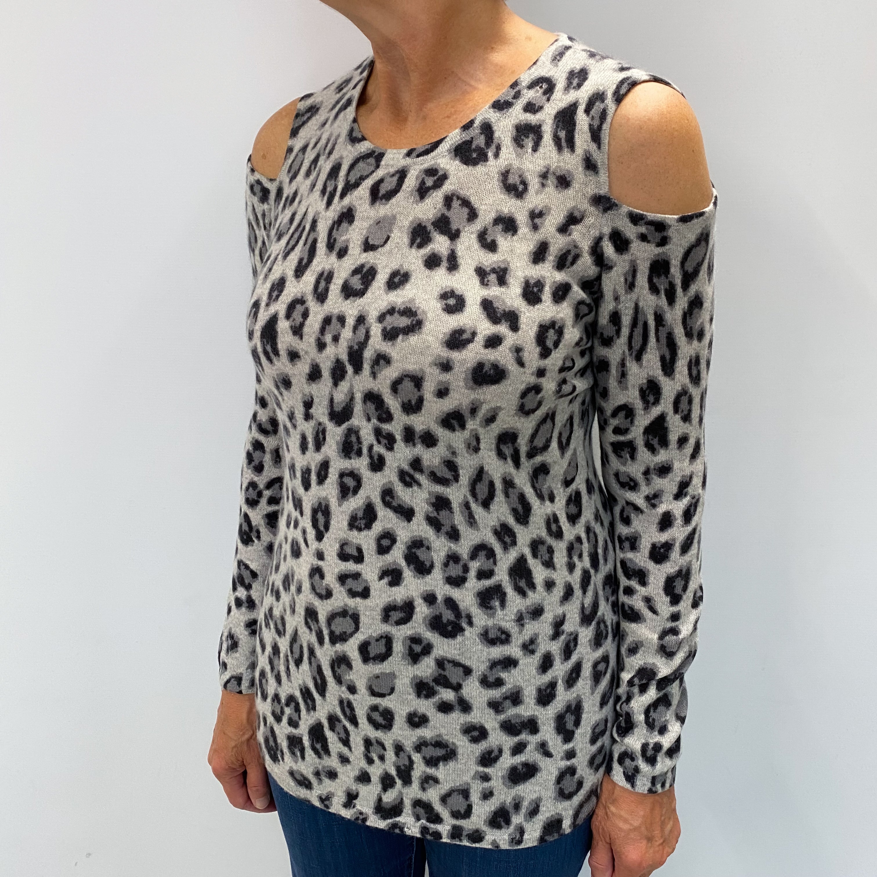 Grey Leopard Cashmere Open Shoulder Crew Neck Jumper Medium