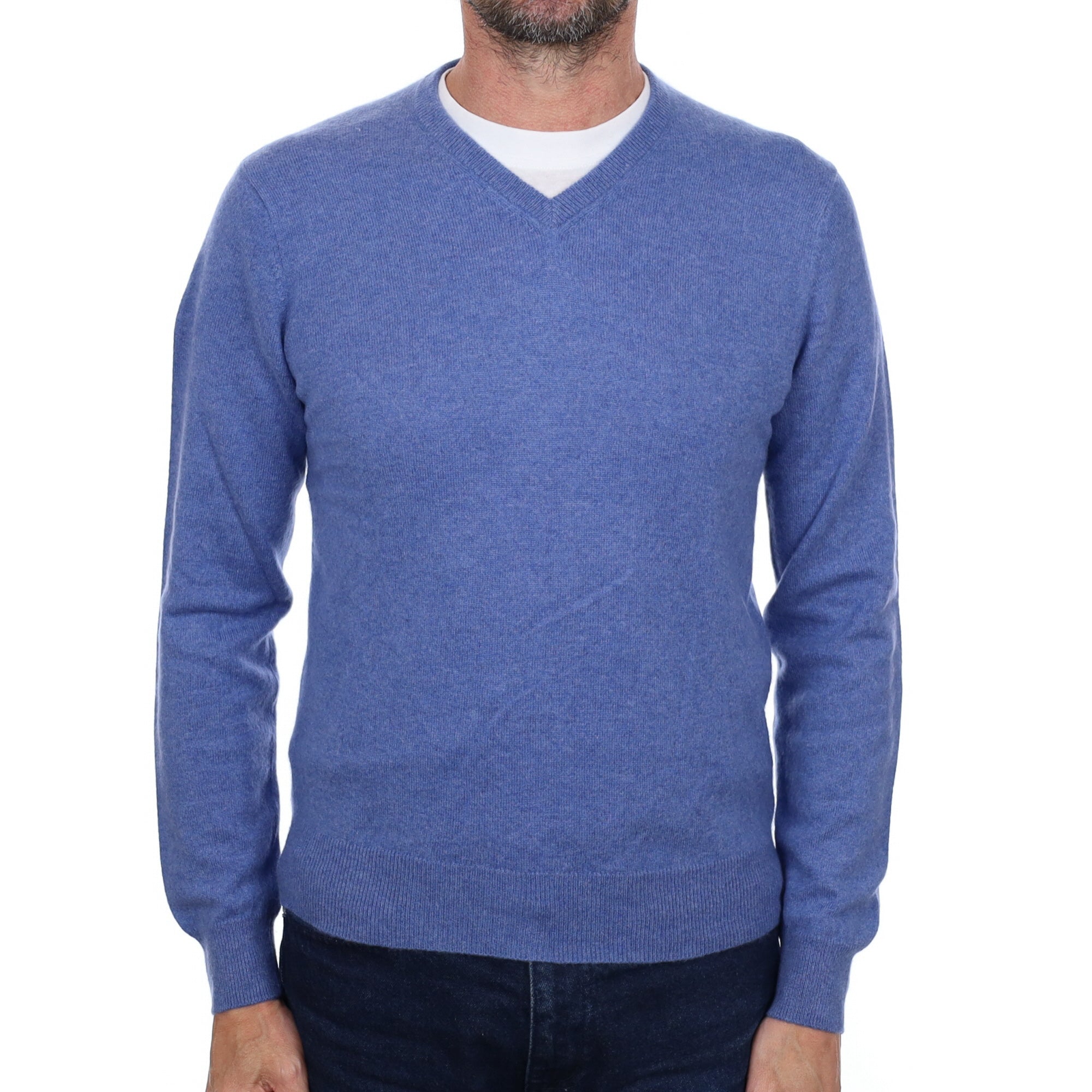 Men's Denim Blue Cashmere V Neck Jumper Small