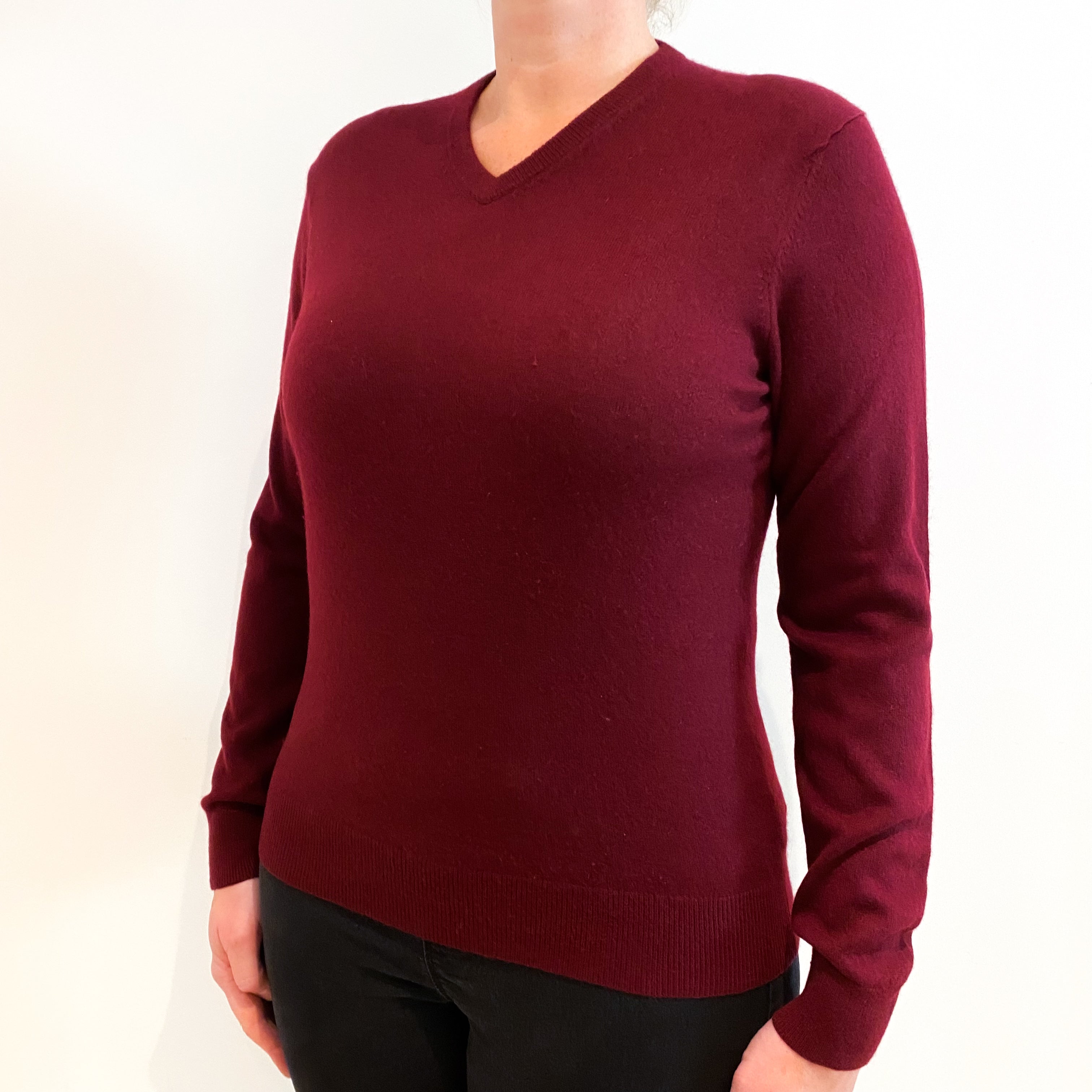 Wine Red Cashmere V-Neck Jumper Large