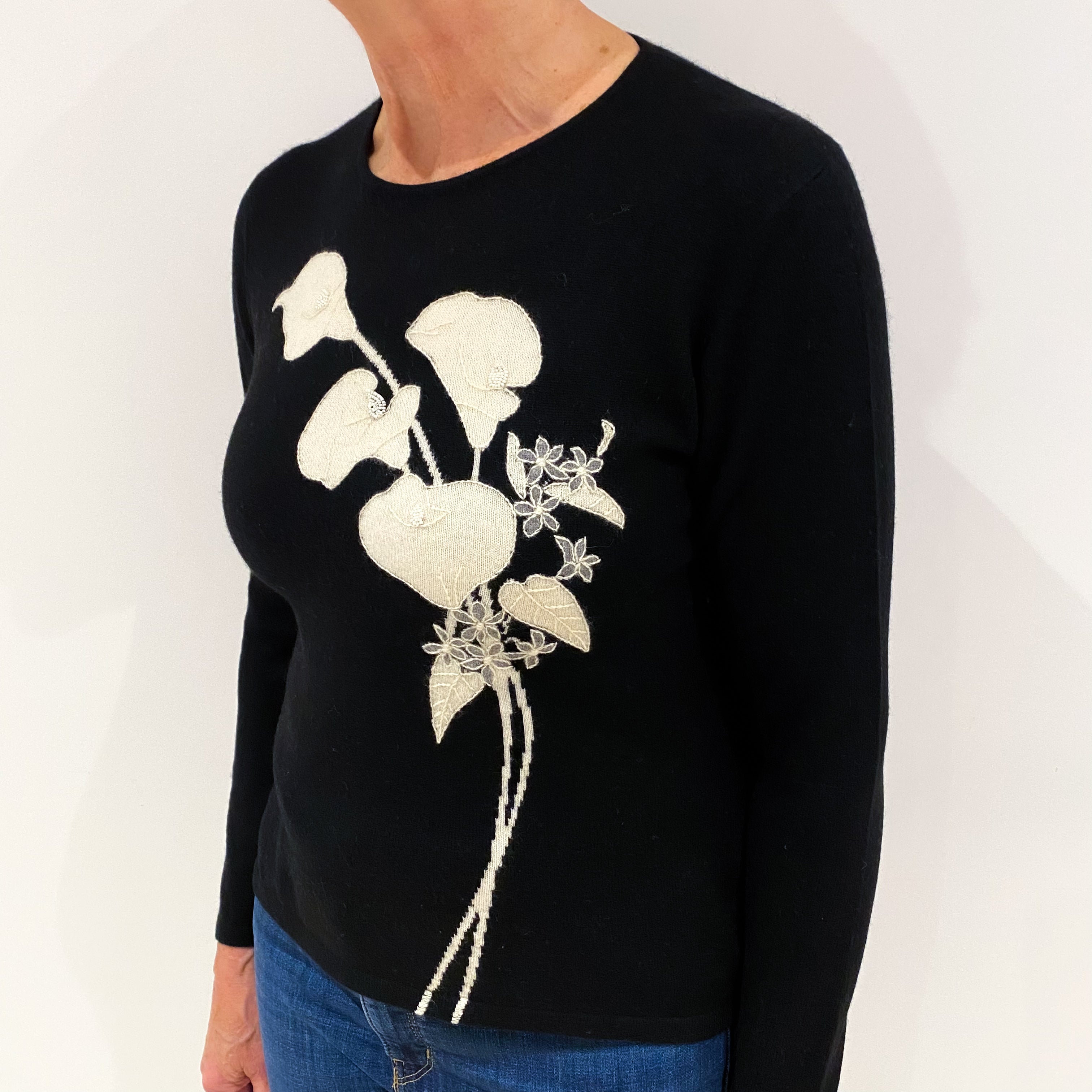 Black and Cream Floral Cashmere Crew Neck Jumper Medium