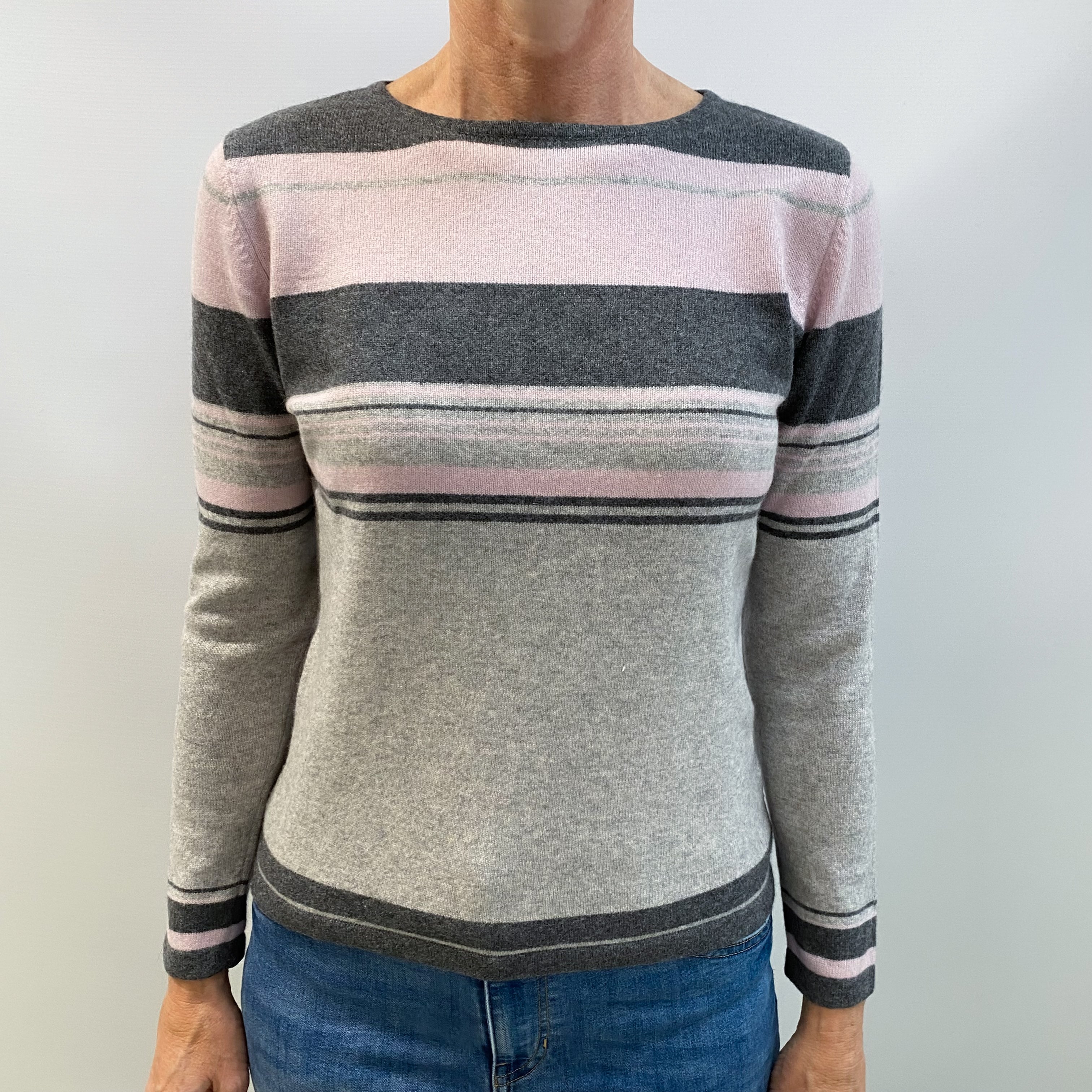 Slate Grey Striped Cashmere Crew Neck Jumper Small