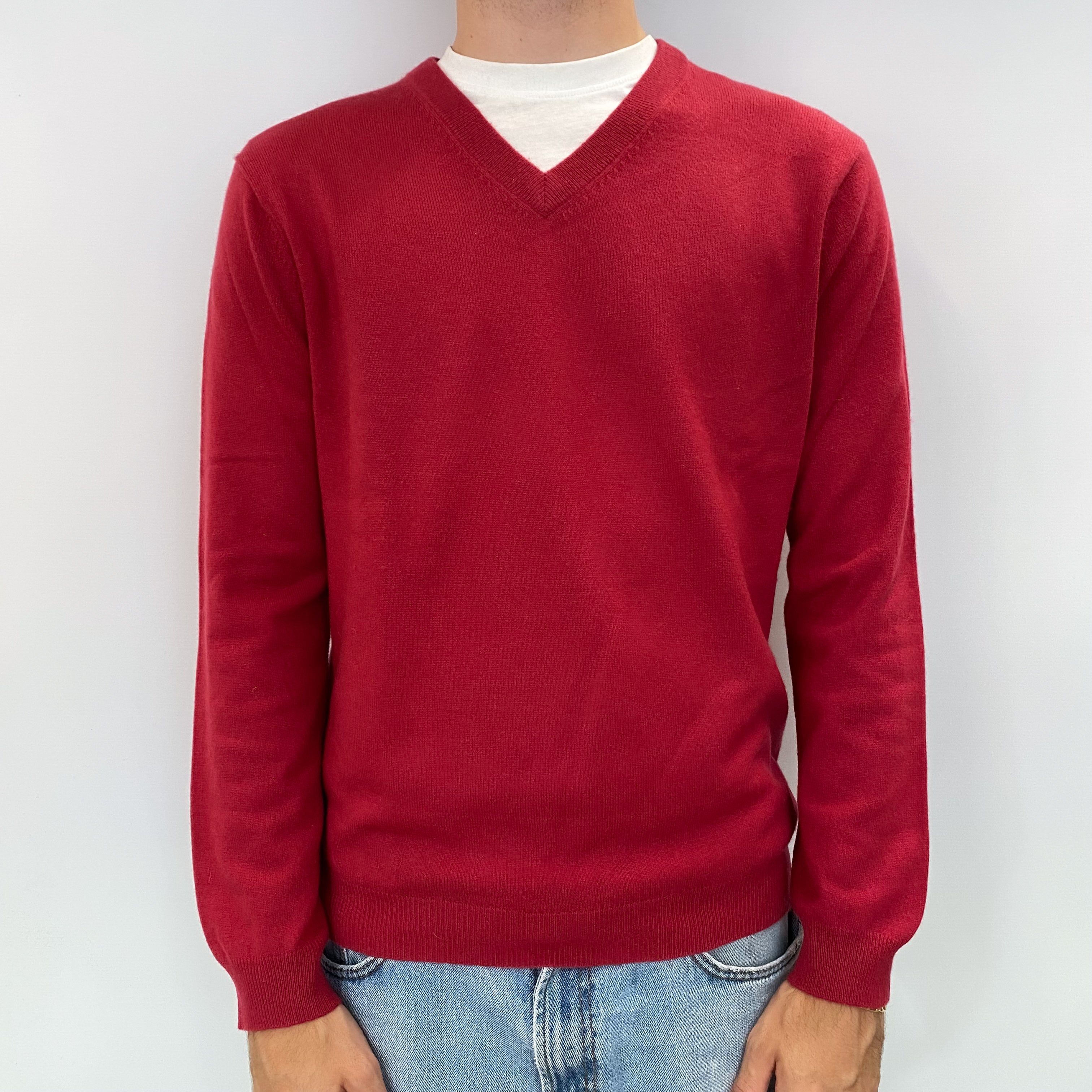 Men's Cranberry Red Cashmere V Neck Jumper Medium