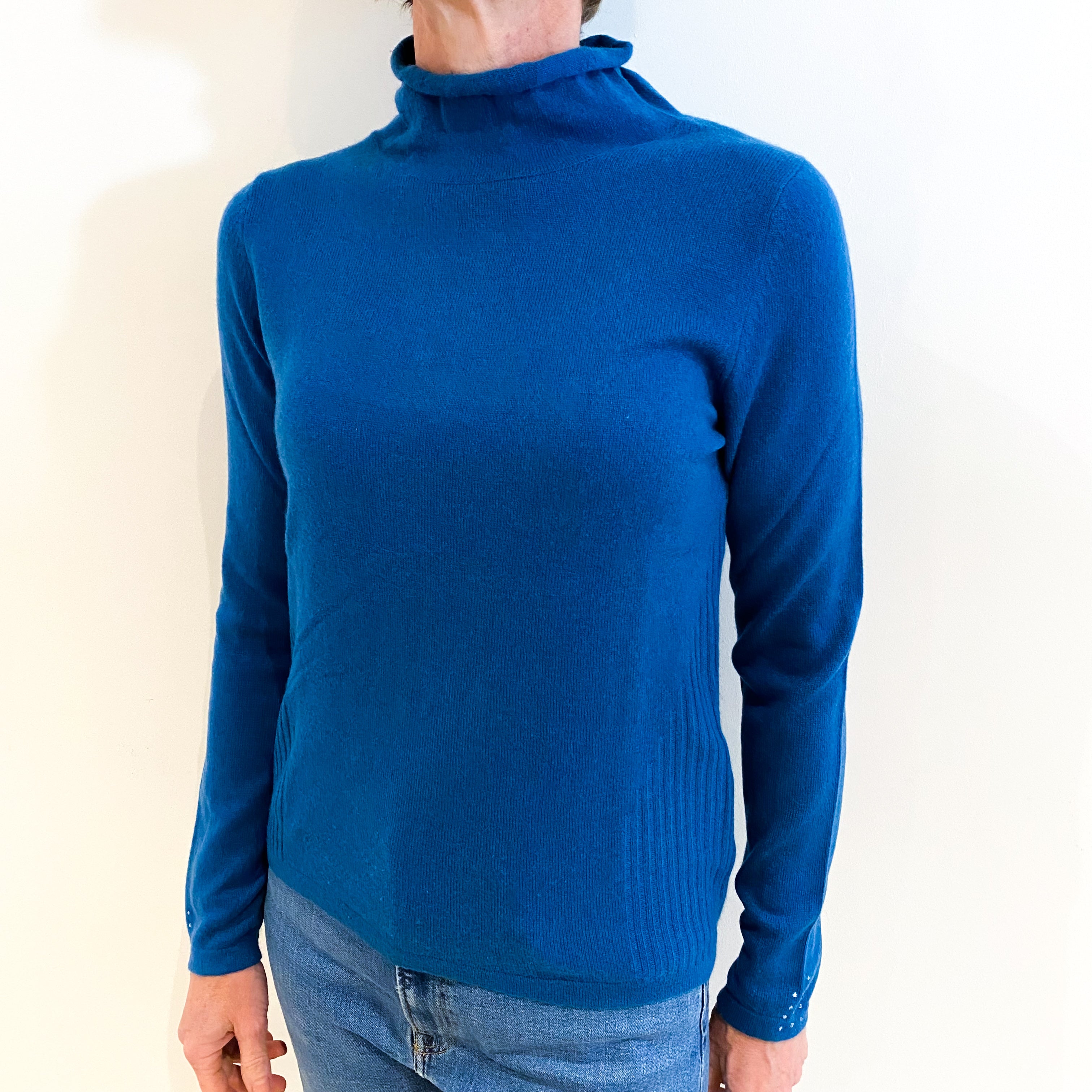 Peacock Blue Cashmere Funnel Neck Jumper Small