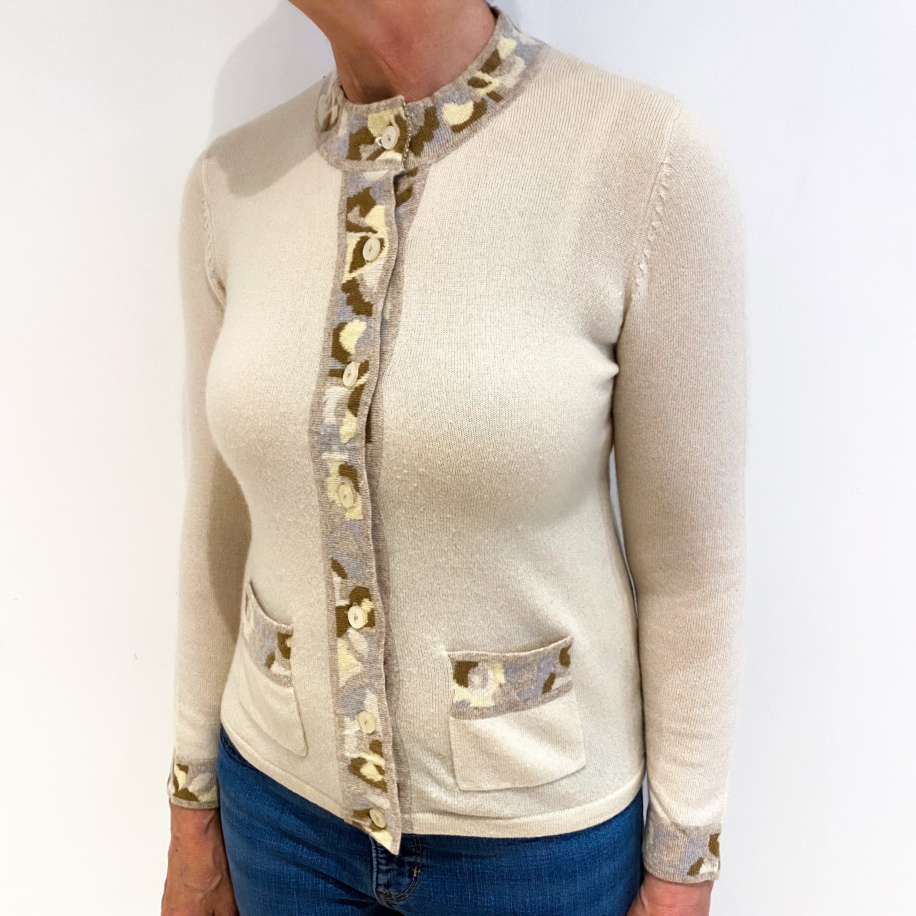 Soft Beige With Patterned Trim Cashmere Cardigan Medium