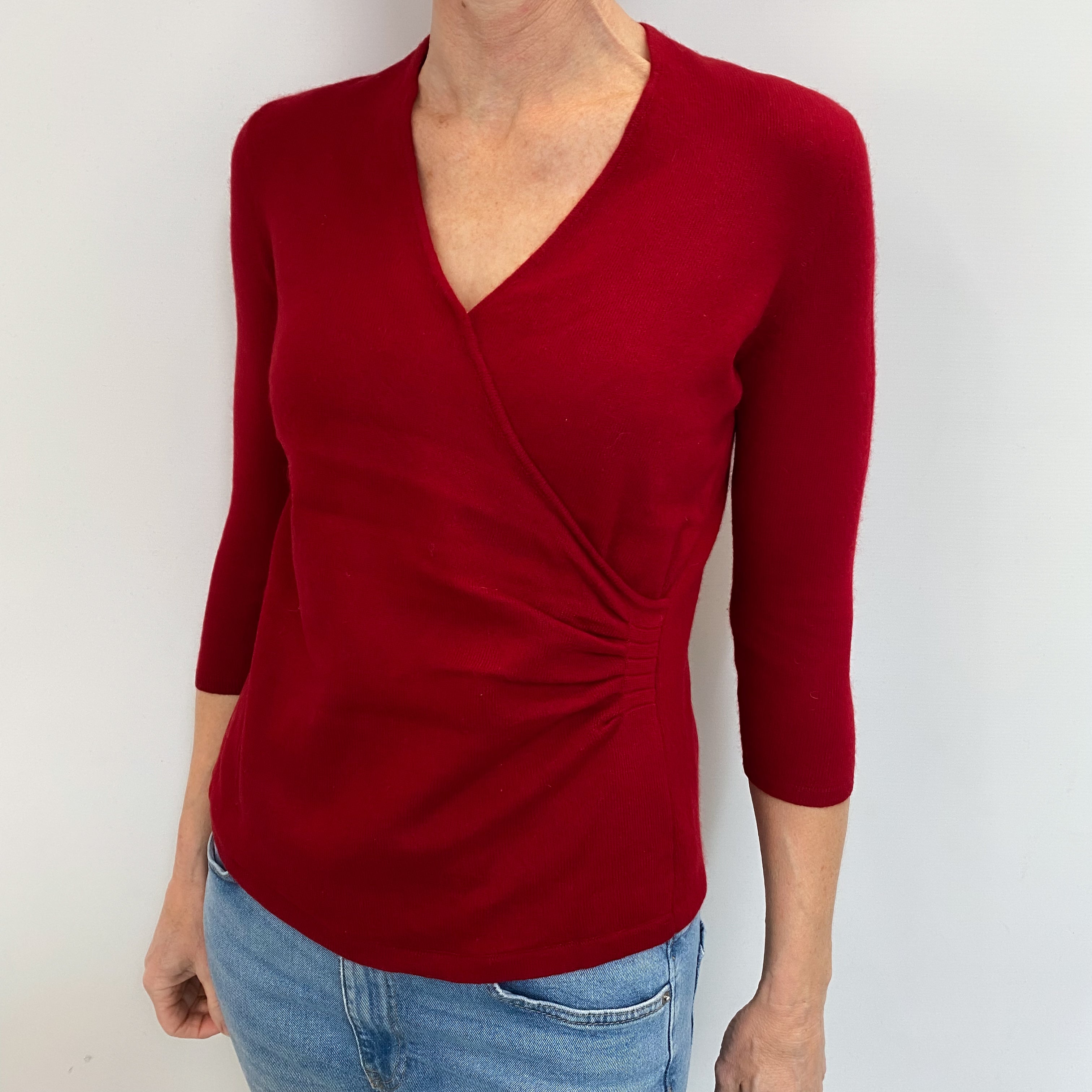 Crimson Red Cashmere V Neck Jumper Small