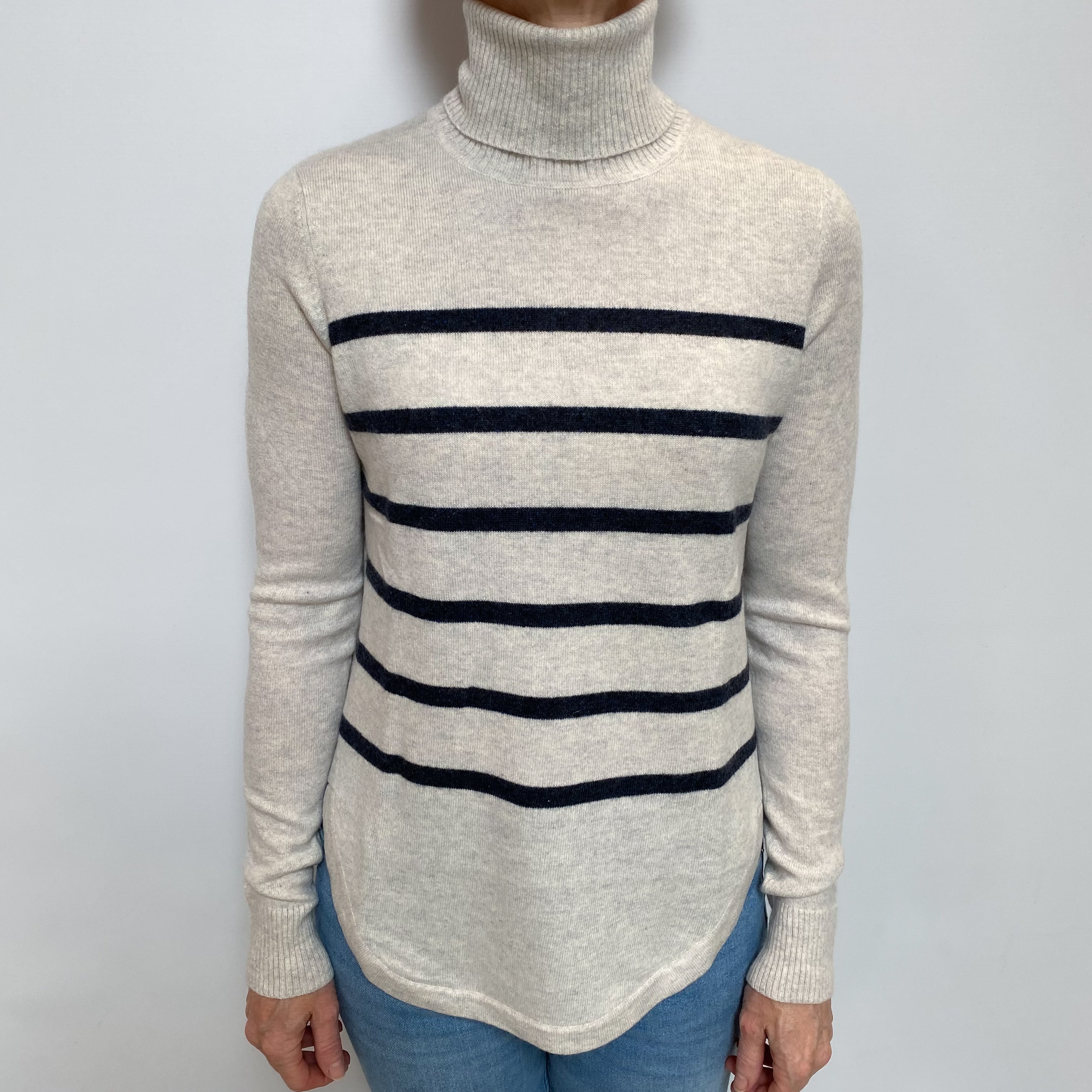 Frost Grey Stripe Cashmere Polo Neck Jumper Small