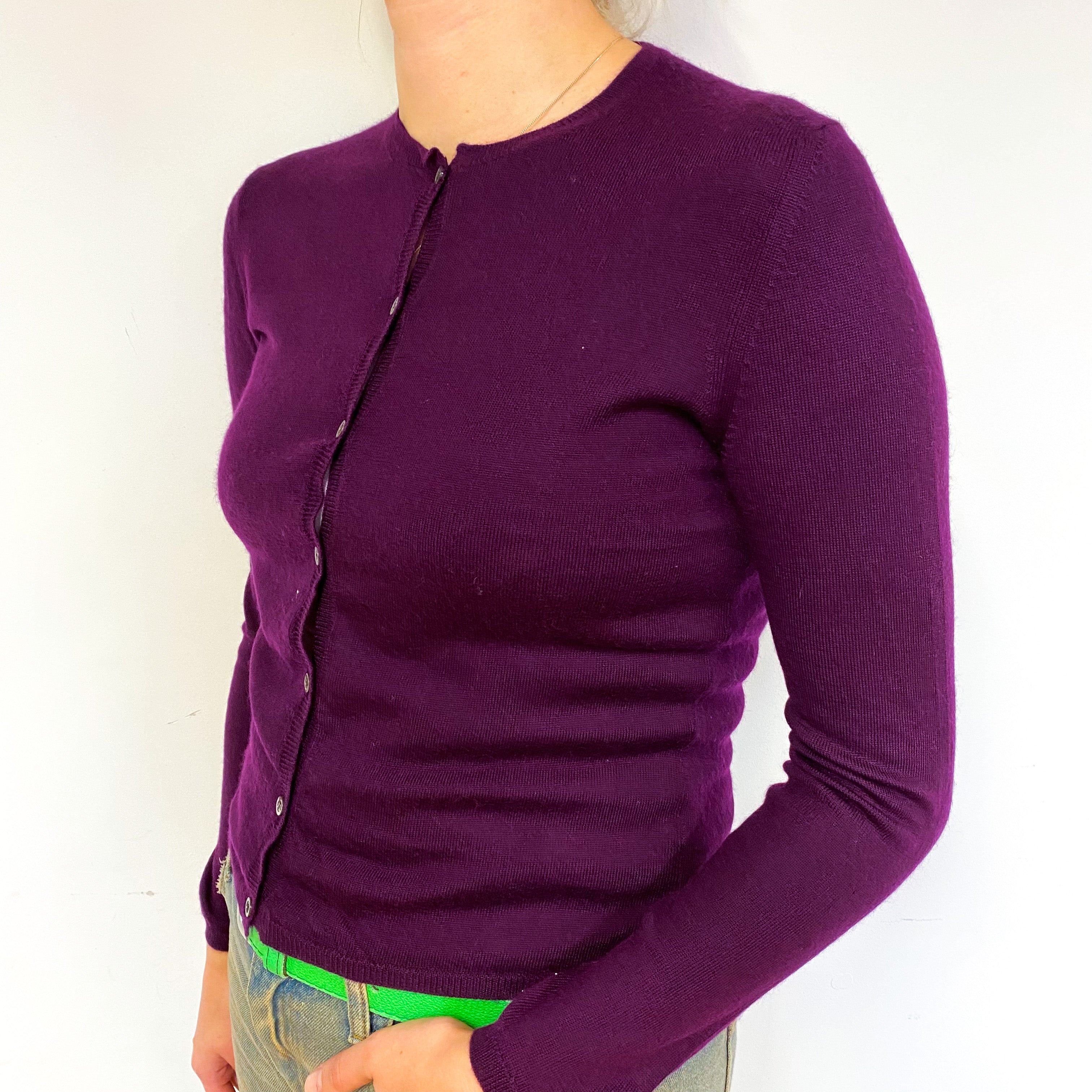 Aubergine Purple Fine Knit Cashmere Crew Neck Cardigan Small