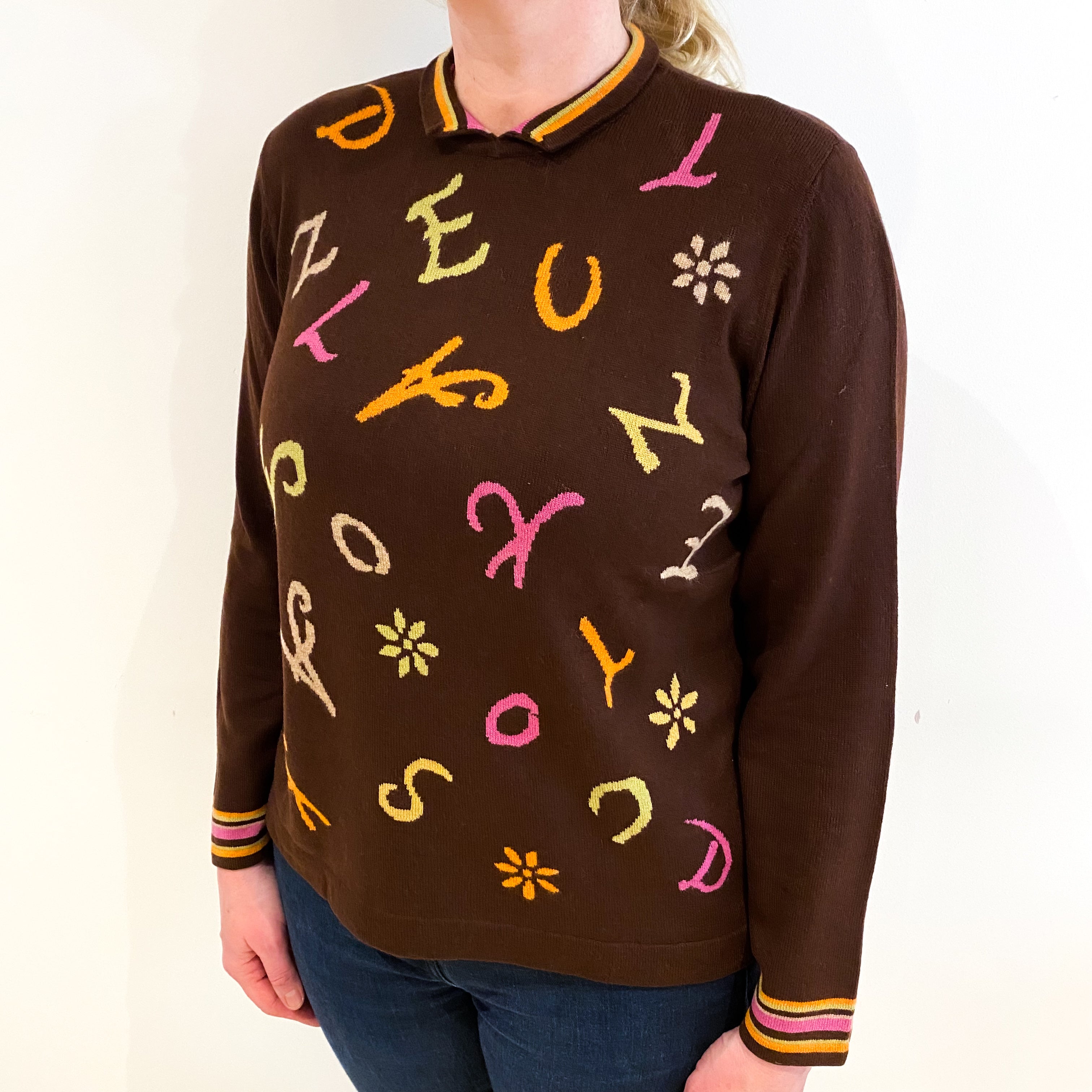 Chocolate Brown With Colourful Lettering Cashmere Collared Polo Neck Jumper Large