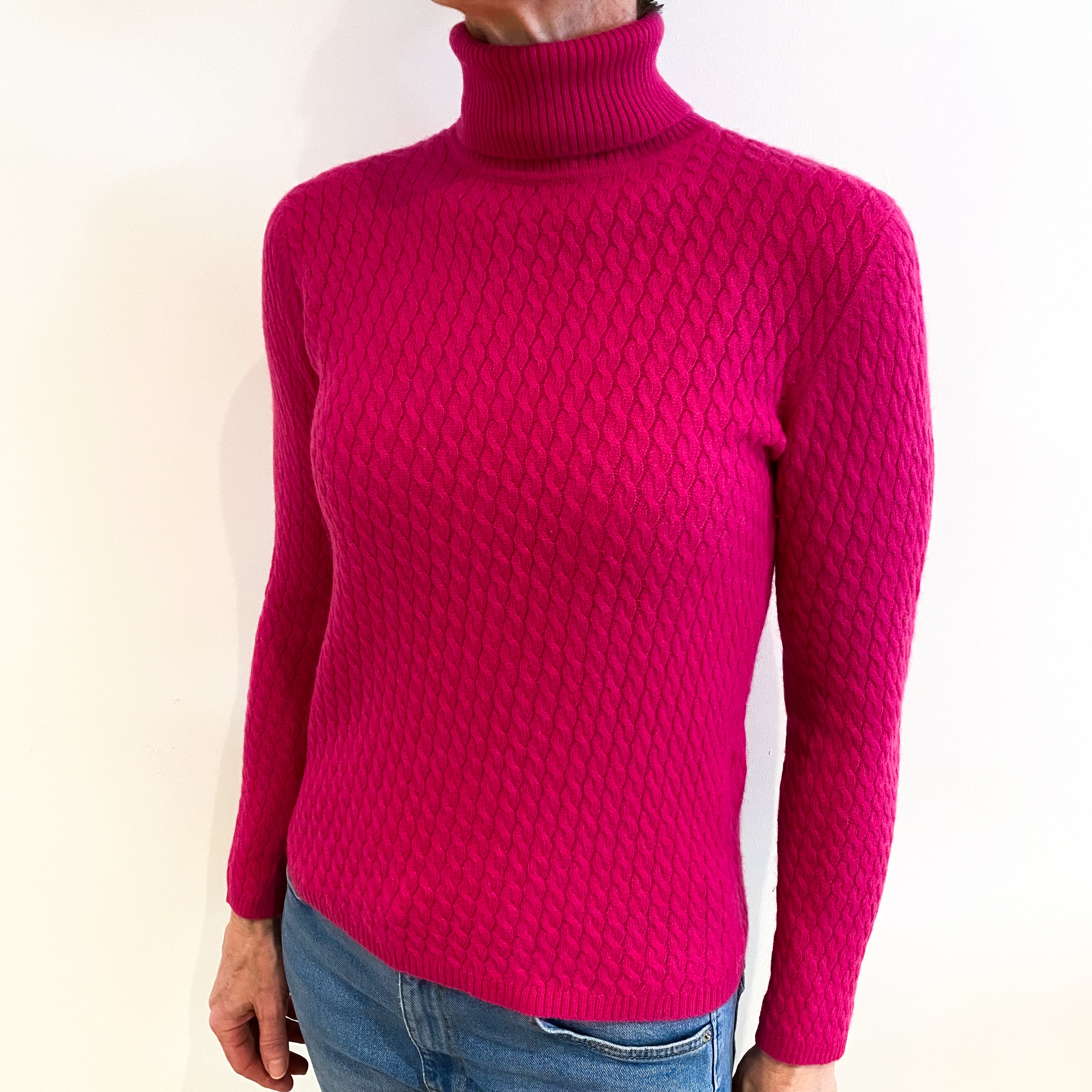 Fuchsia Pink Cashmere Polo Neck Jumper Small