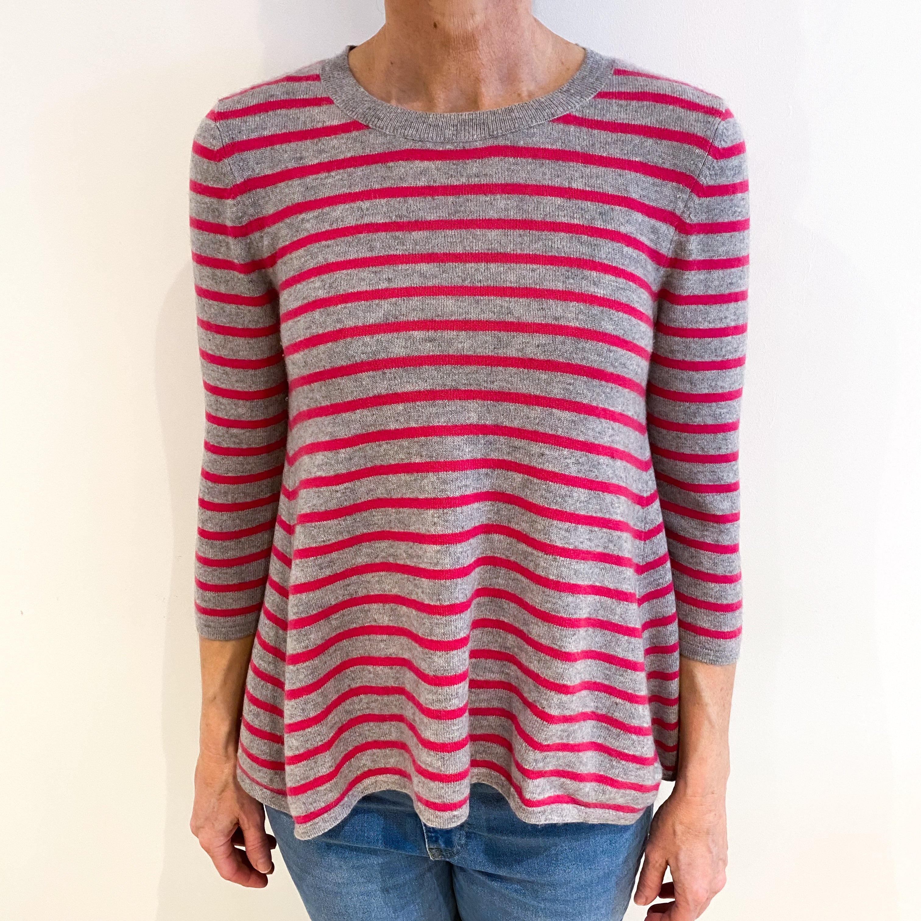 Pink And Grey Stripe Cashmere Crew Neck Jumper Small