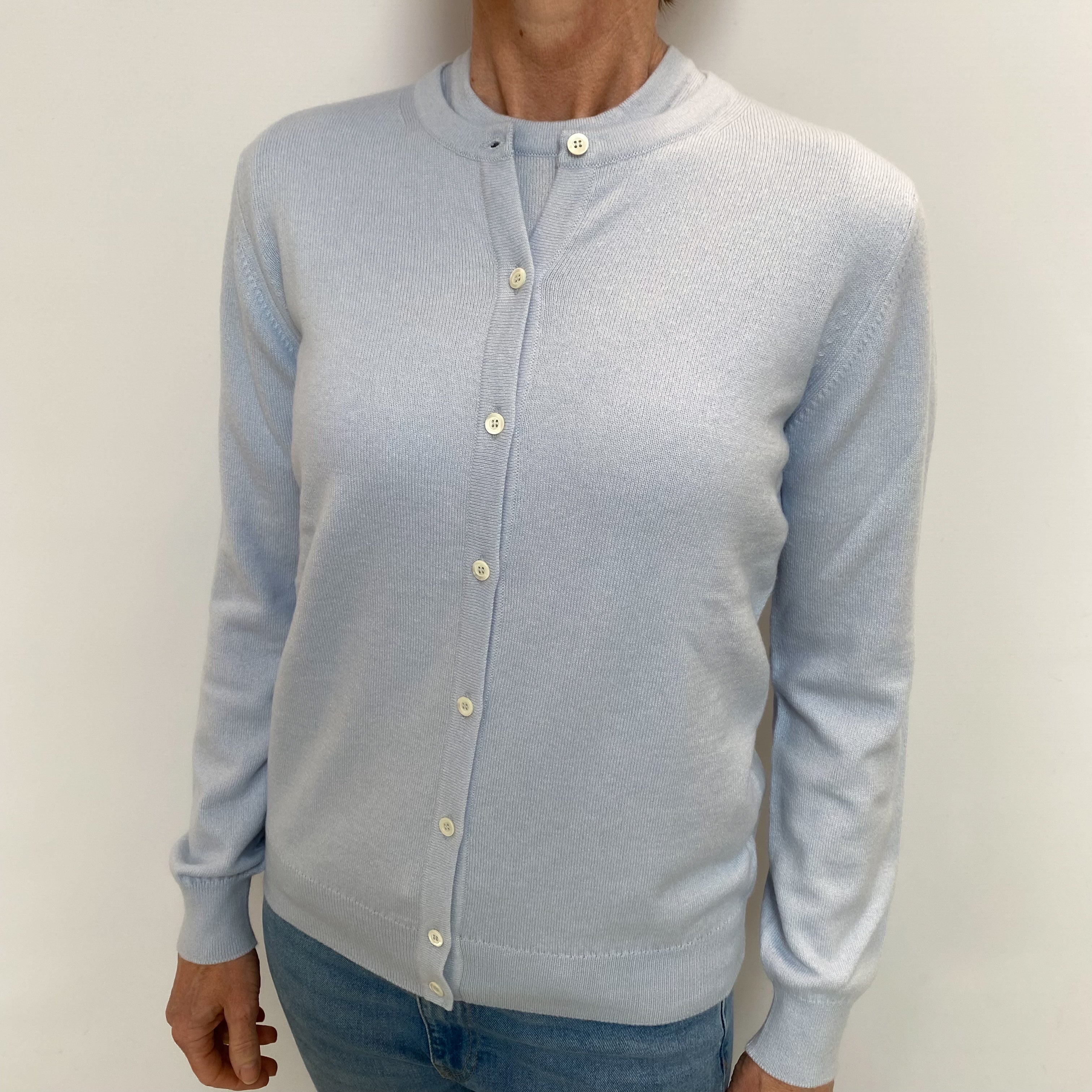 Brand New Scottish Powder Blue Cashmere Crew Neck Cardigan Twinset Small