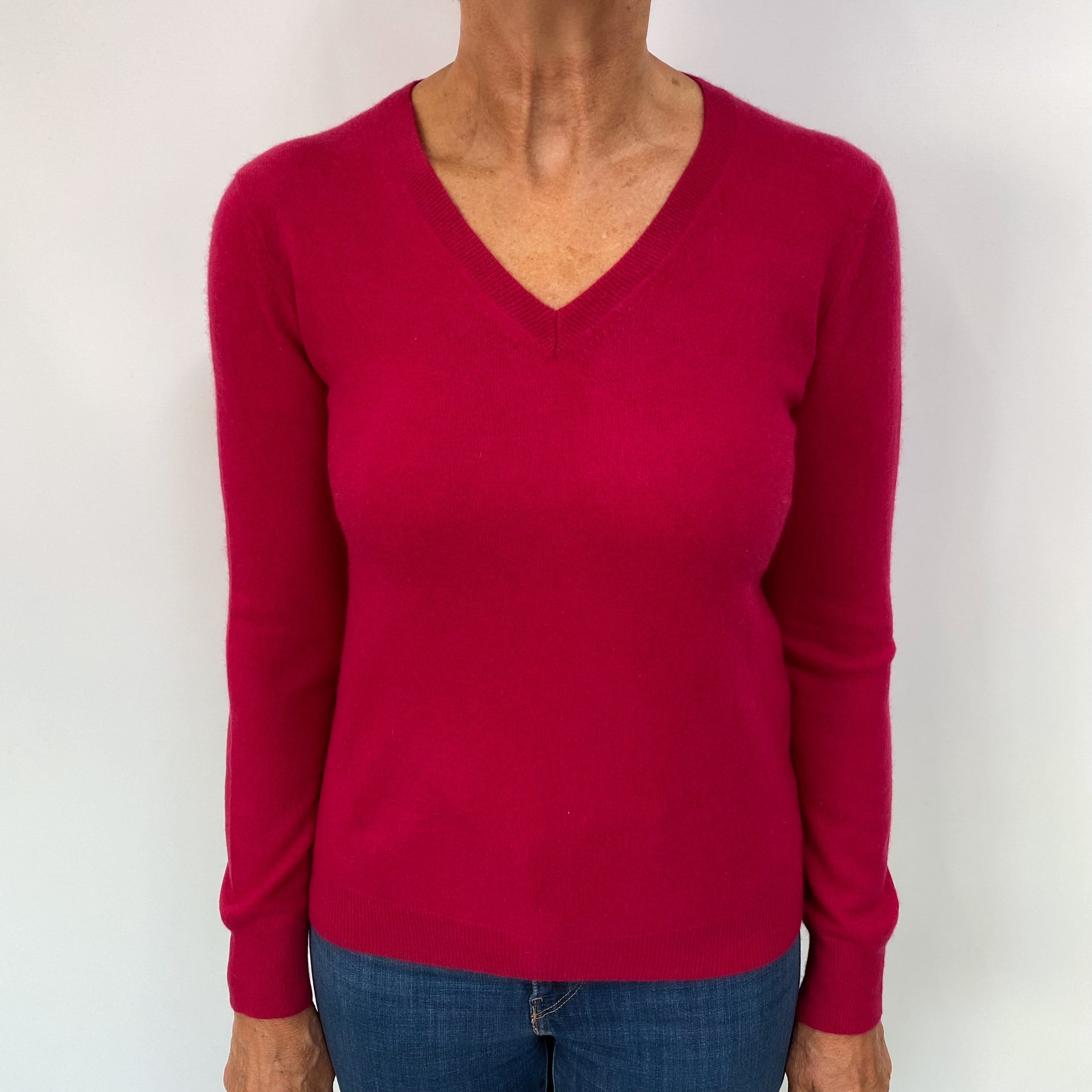 Cherry Red Cashmere V Neck Jumper Medium