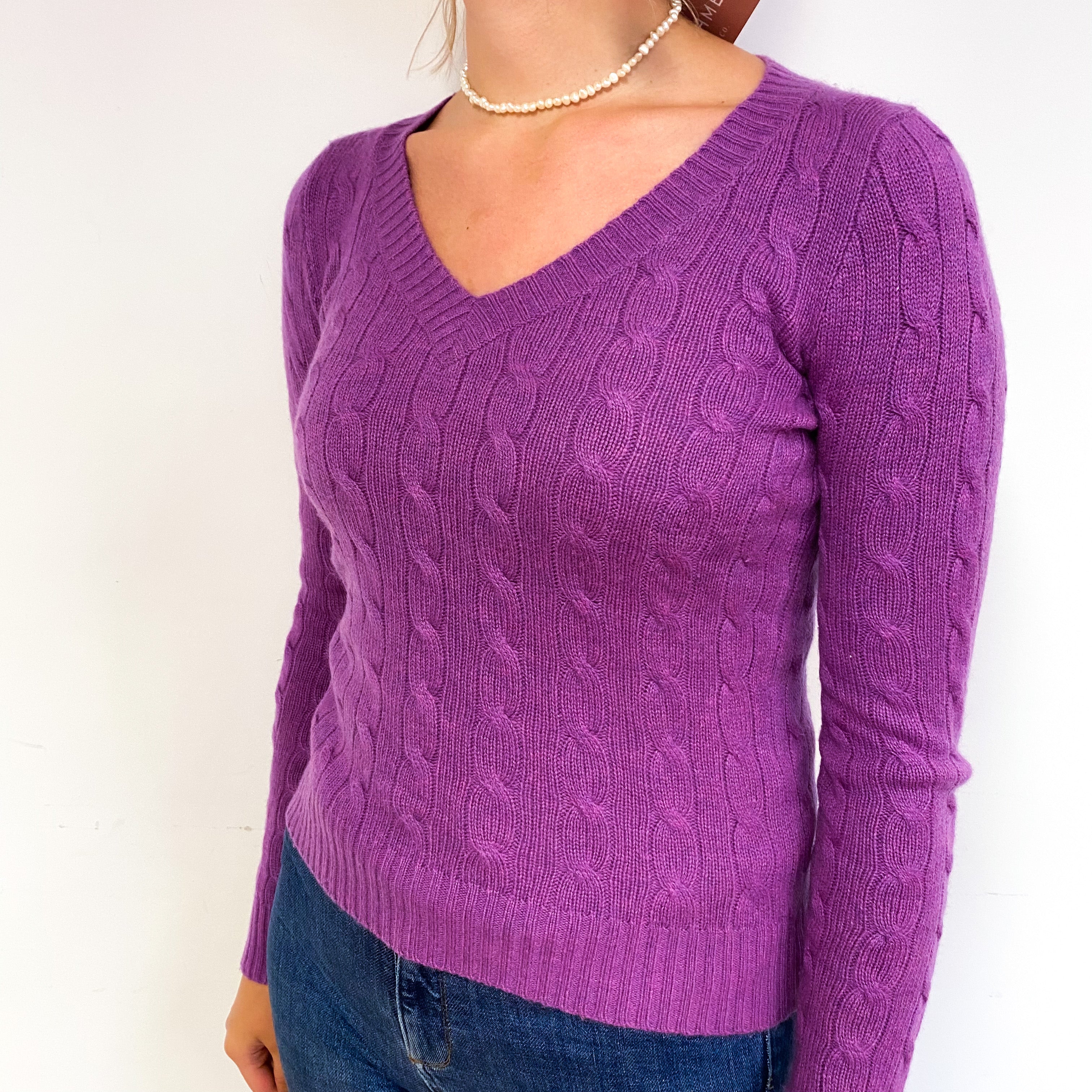 Viola Purple Cable Cashmere V-Neck Jumper Small