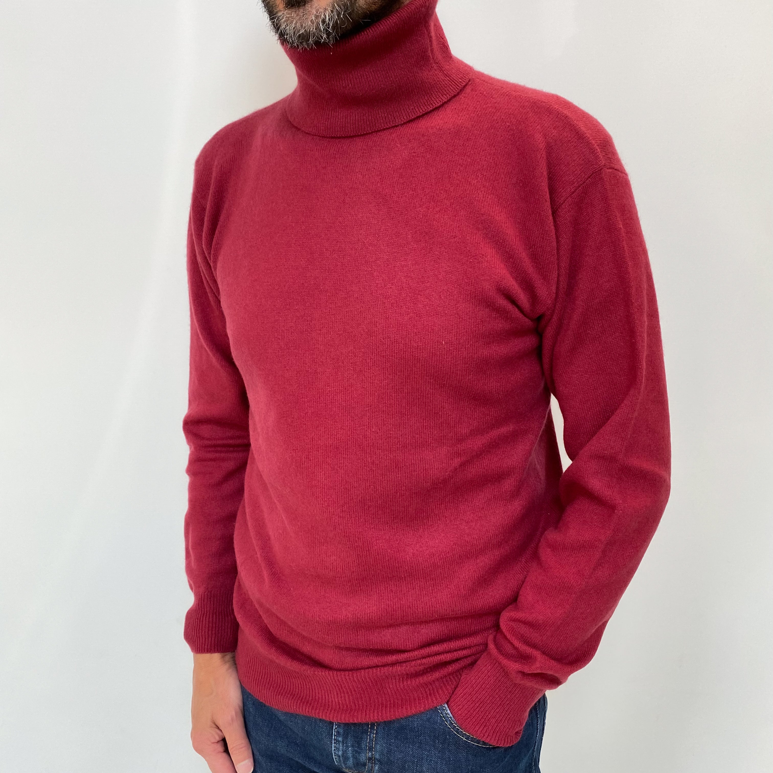 Men's Ruby Red Cashmere Polo Neck Jumper Small