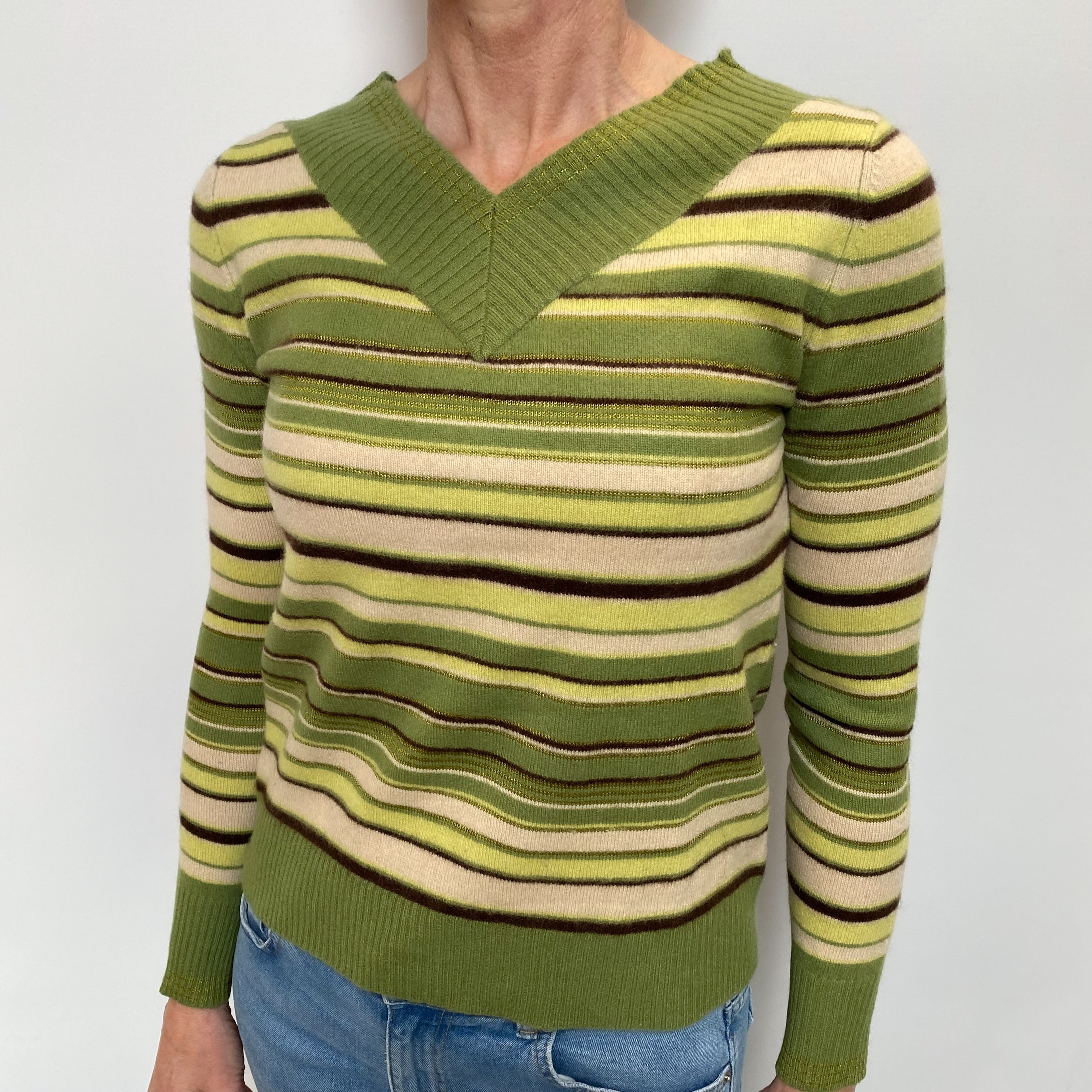 Moss Green Stripe Cashmere V Neck Jumper Small