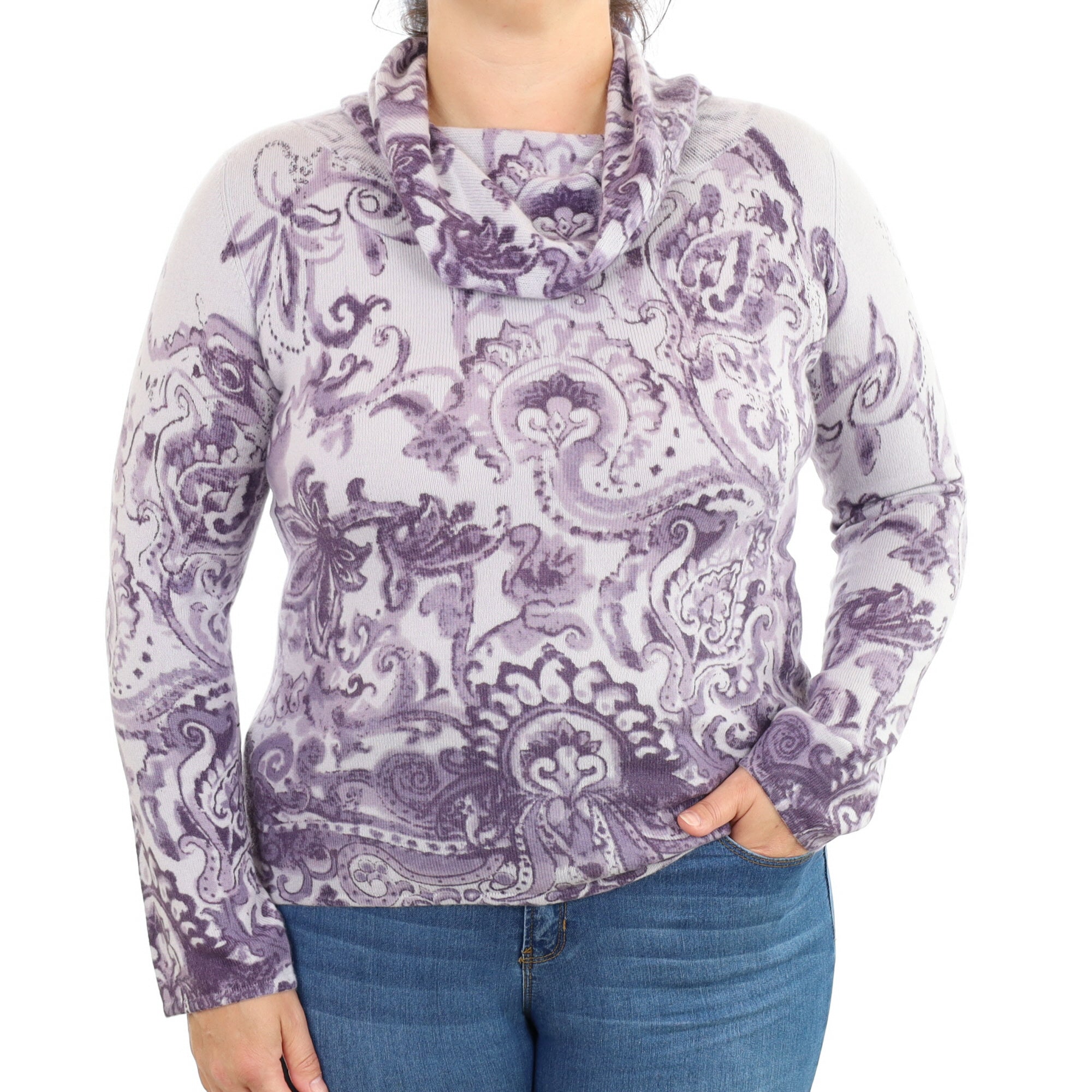 Neiman Marcus Purple Paisley Cashmere Cowl Neck Jumper Large