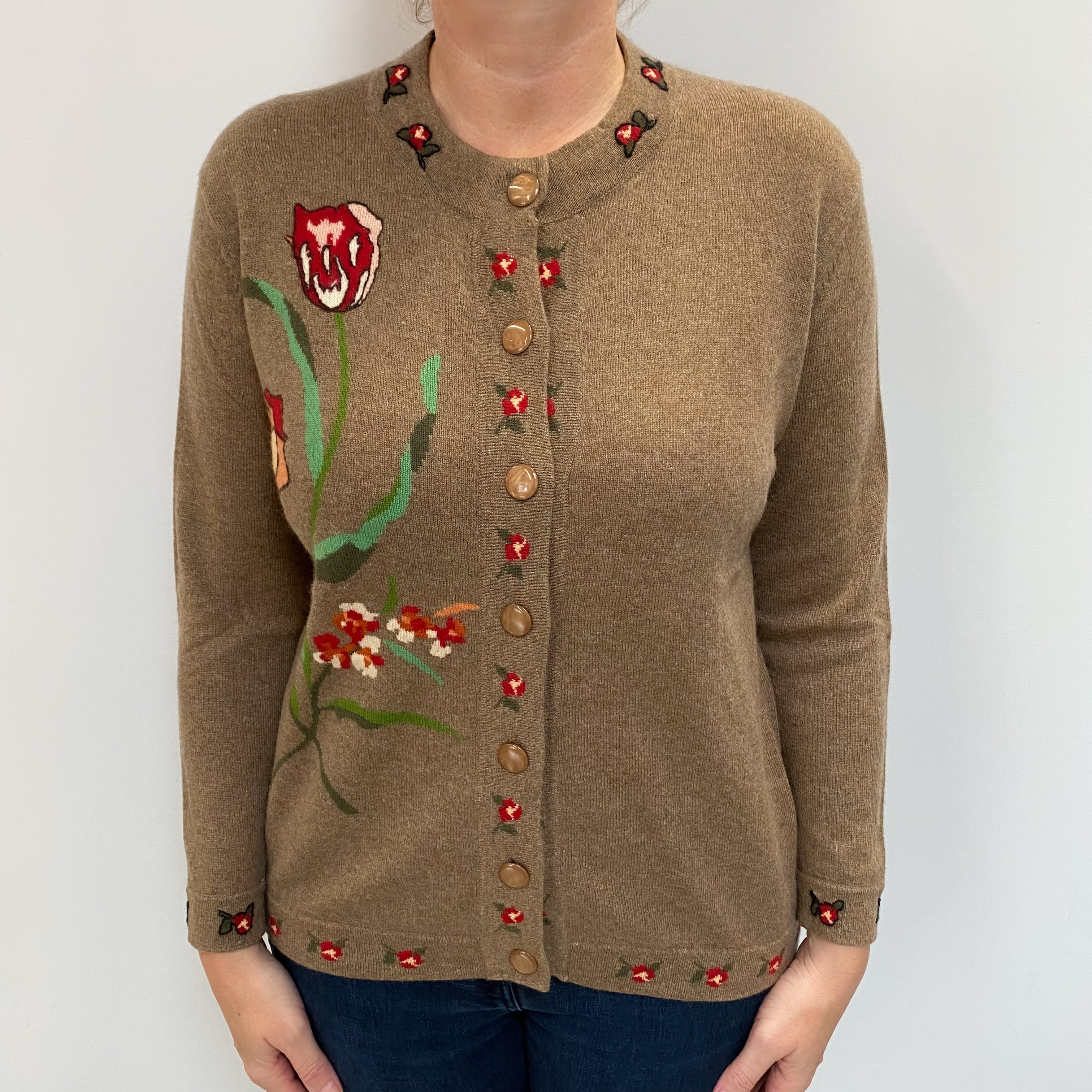 Toffee Brown Floral Cashmere Crew Cardigan Large