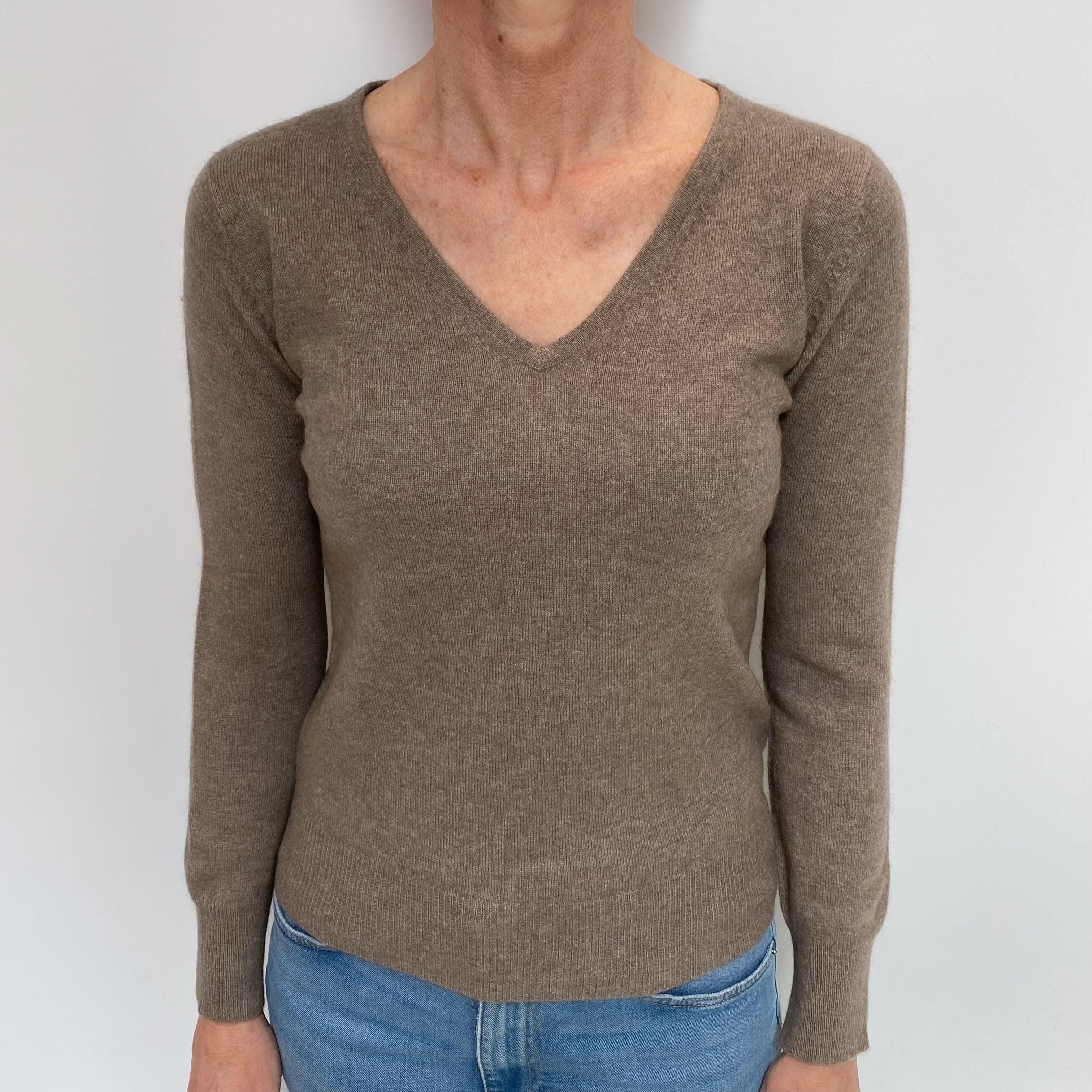 Mocha Brown Cashmere V Neck Jumper Small