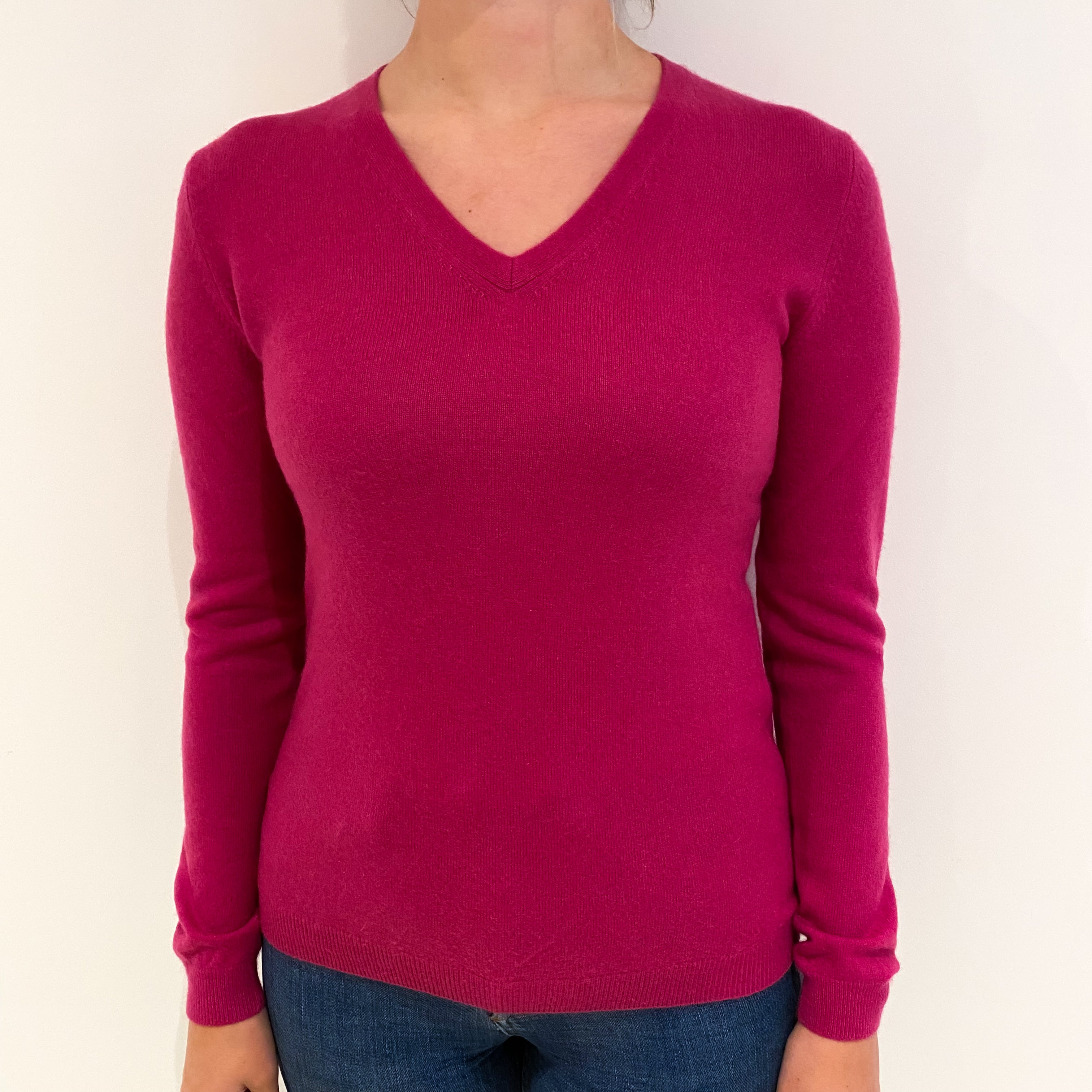 Fuchsia Pink Cashmere V Neck Jumper Small