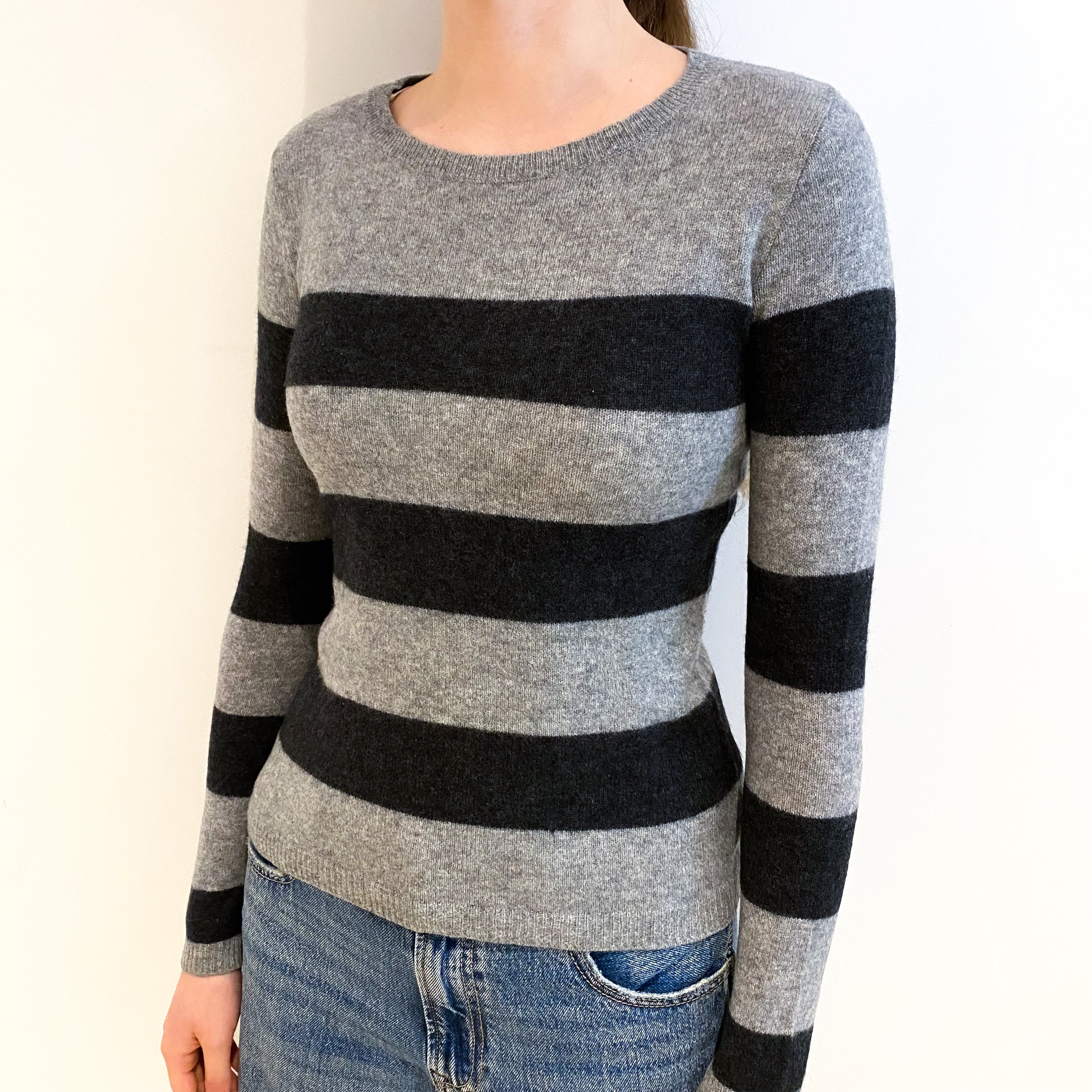 Grey Stripe Cashmere Crew Neck Jumper Extra Small