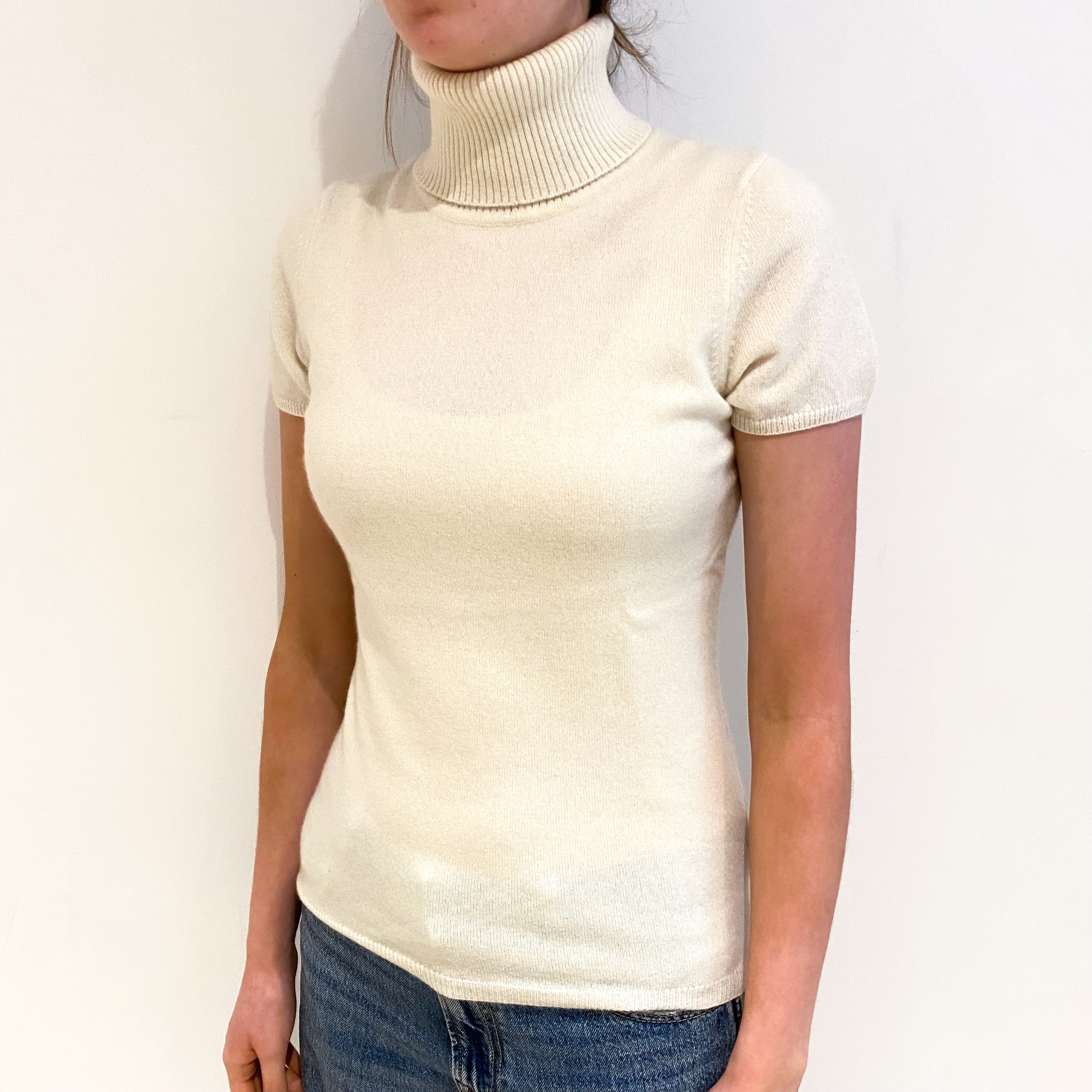 Vanilla Cream Cashmere Polo Neck Short Sleeved Jumper Extra Small