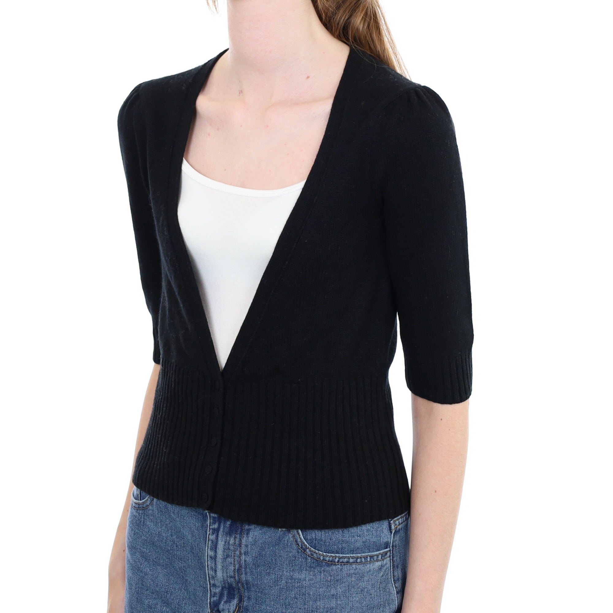 Black Cashmere 1/2 Sleeve V Neck Cardigan Extra Small