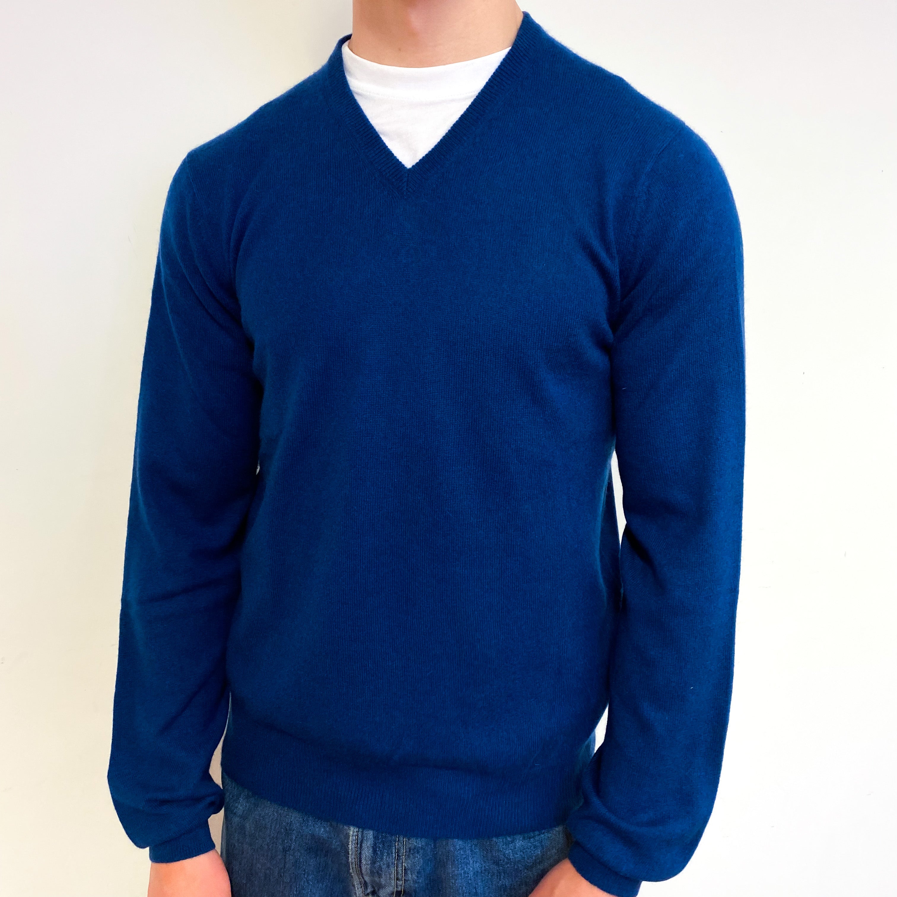 Men's Deep Petrol Blue Cashmere V-Neck Jumper Small