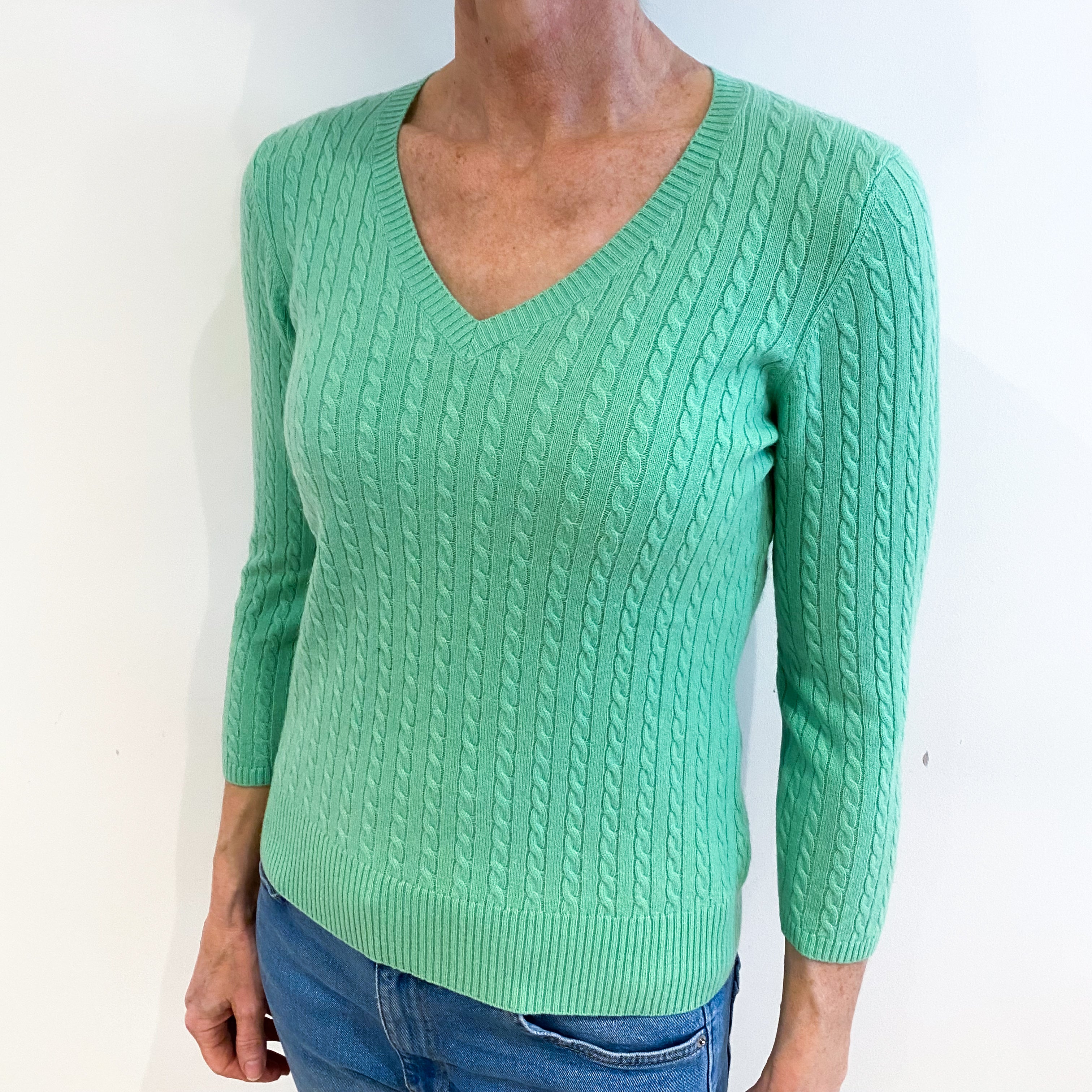 Spring Green Cashmere V Neck Jumper Small