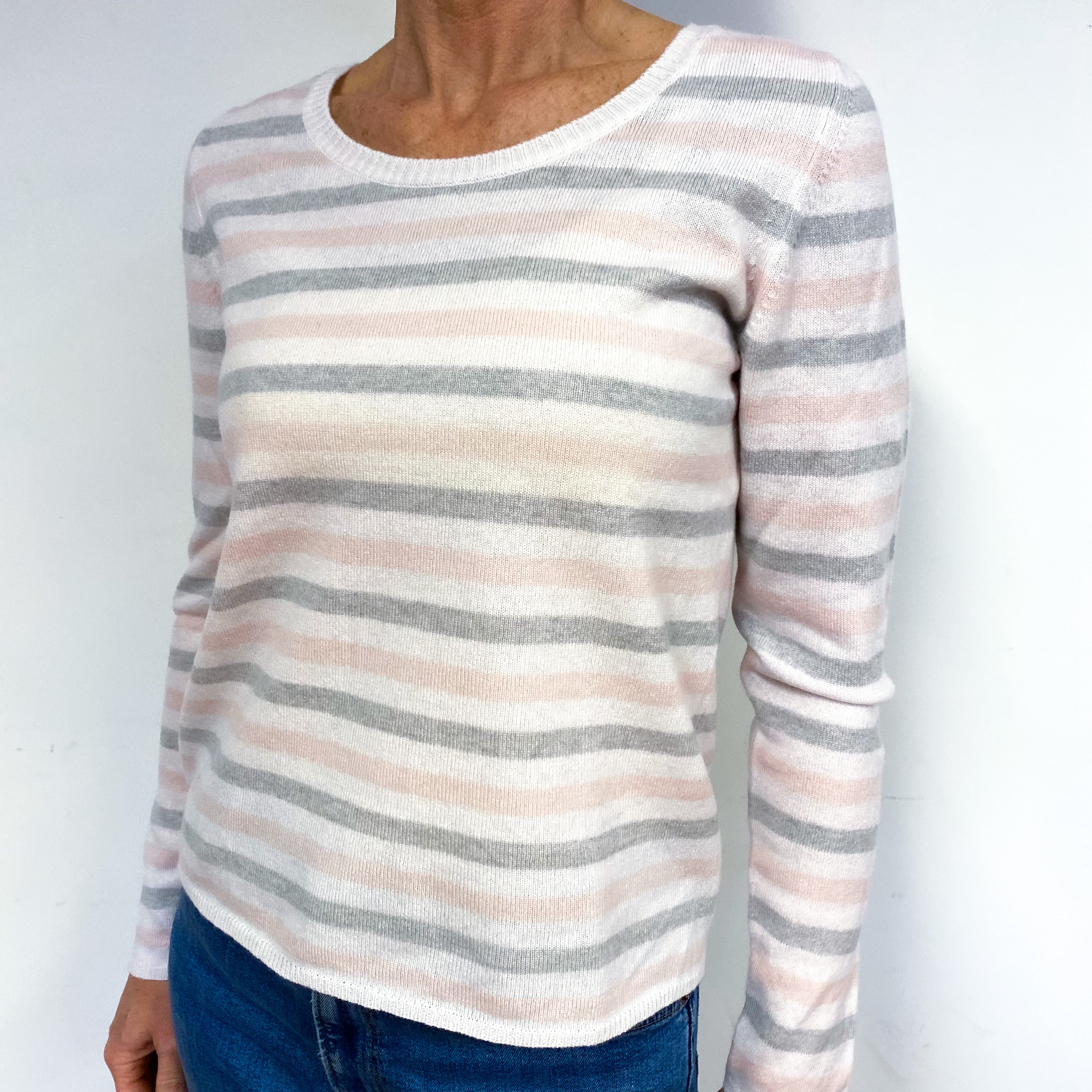 Vanilla Cream Striped Cashmere Crew Neck Jumper Medium