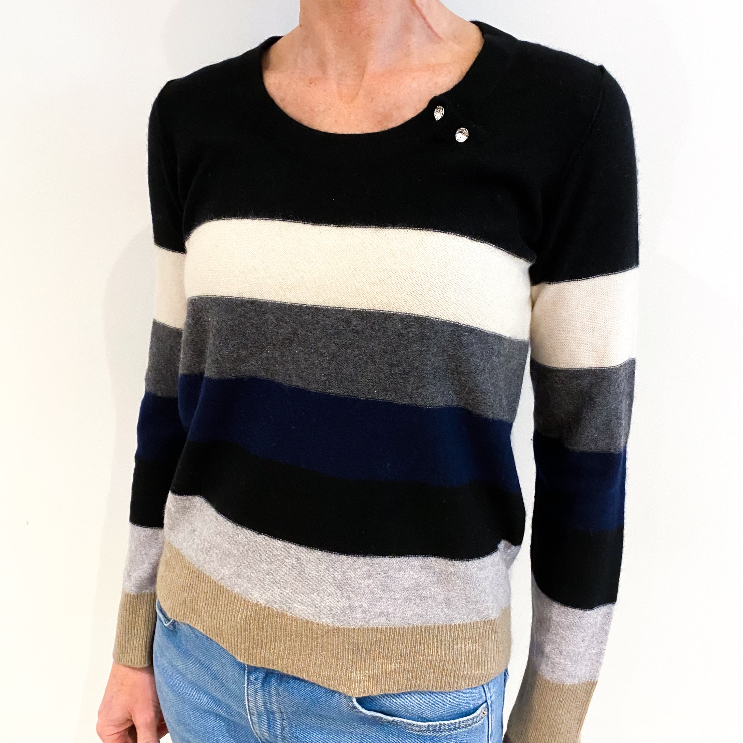 Black And Grey Stripe Cashmere Crew Neck Jumper Small