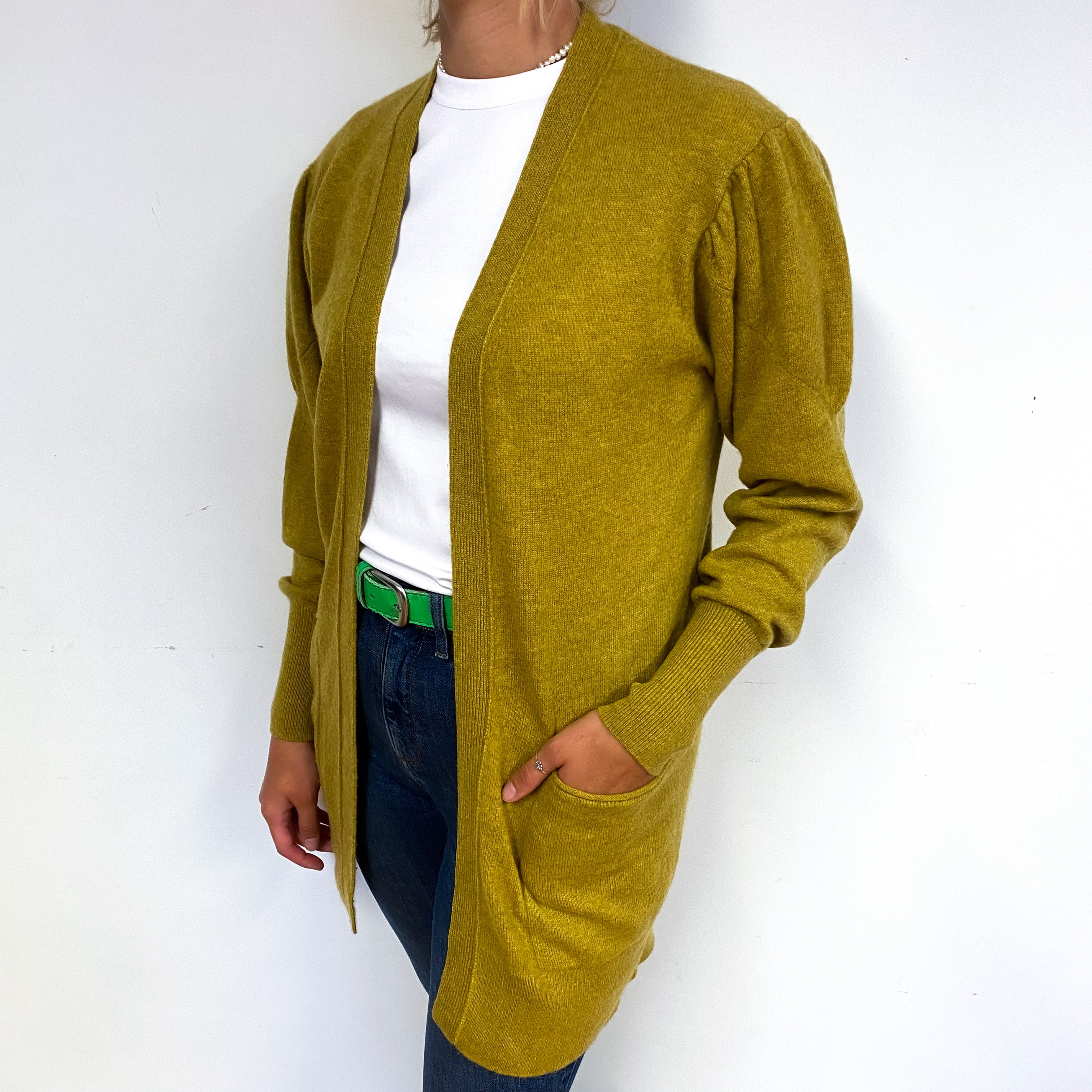 Dijon Mustard Green Cashmere Edge to Edge Cardigan Small