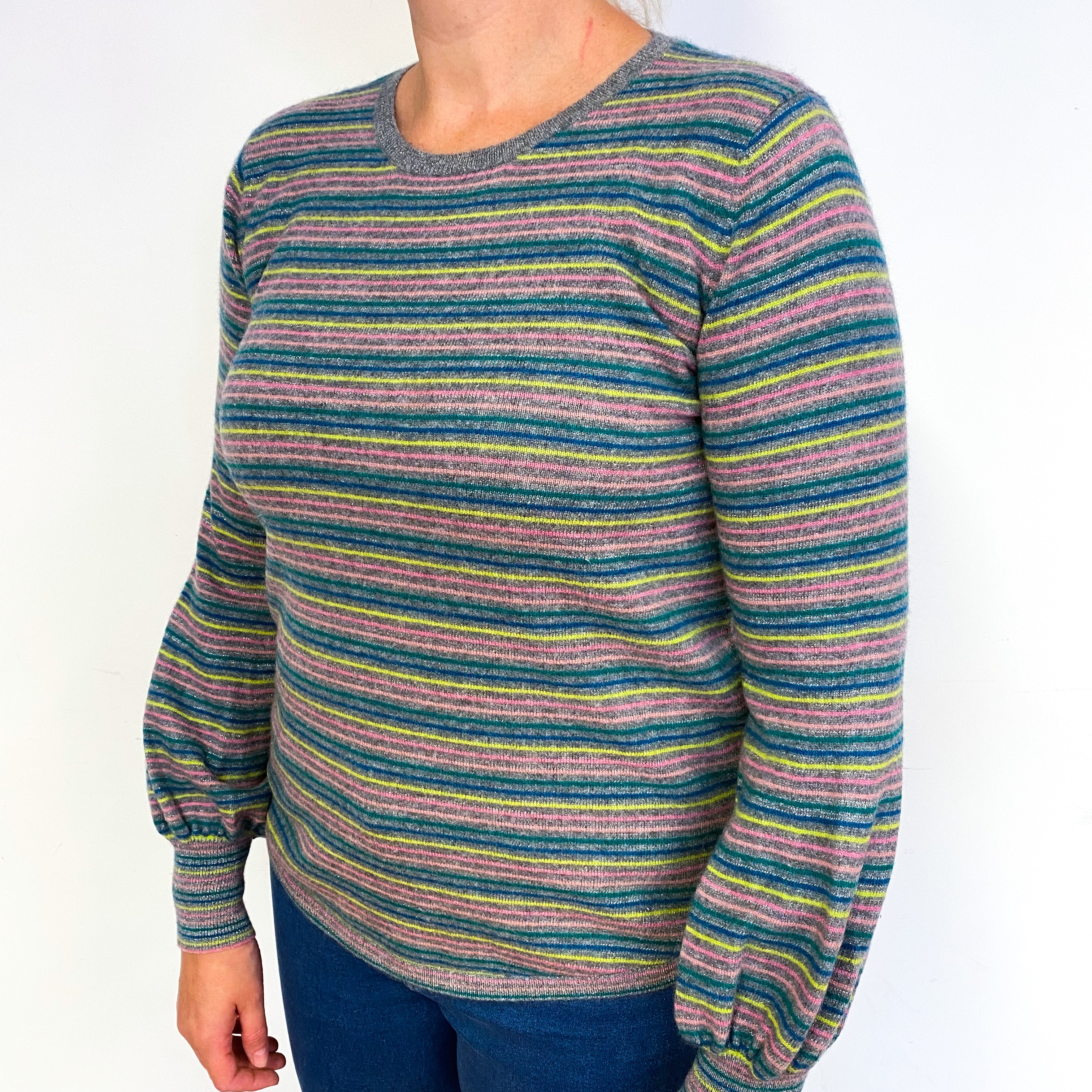 Wyse Grey Colourful Stripe Cashmere Crew Neck Jumper Large