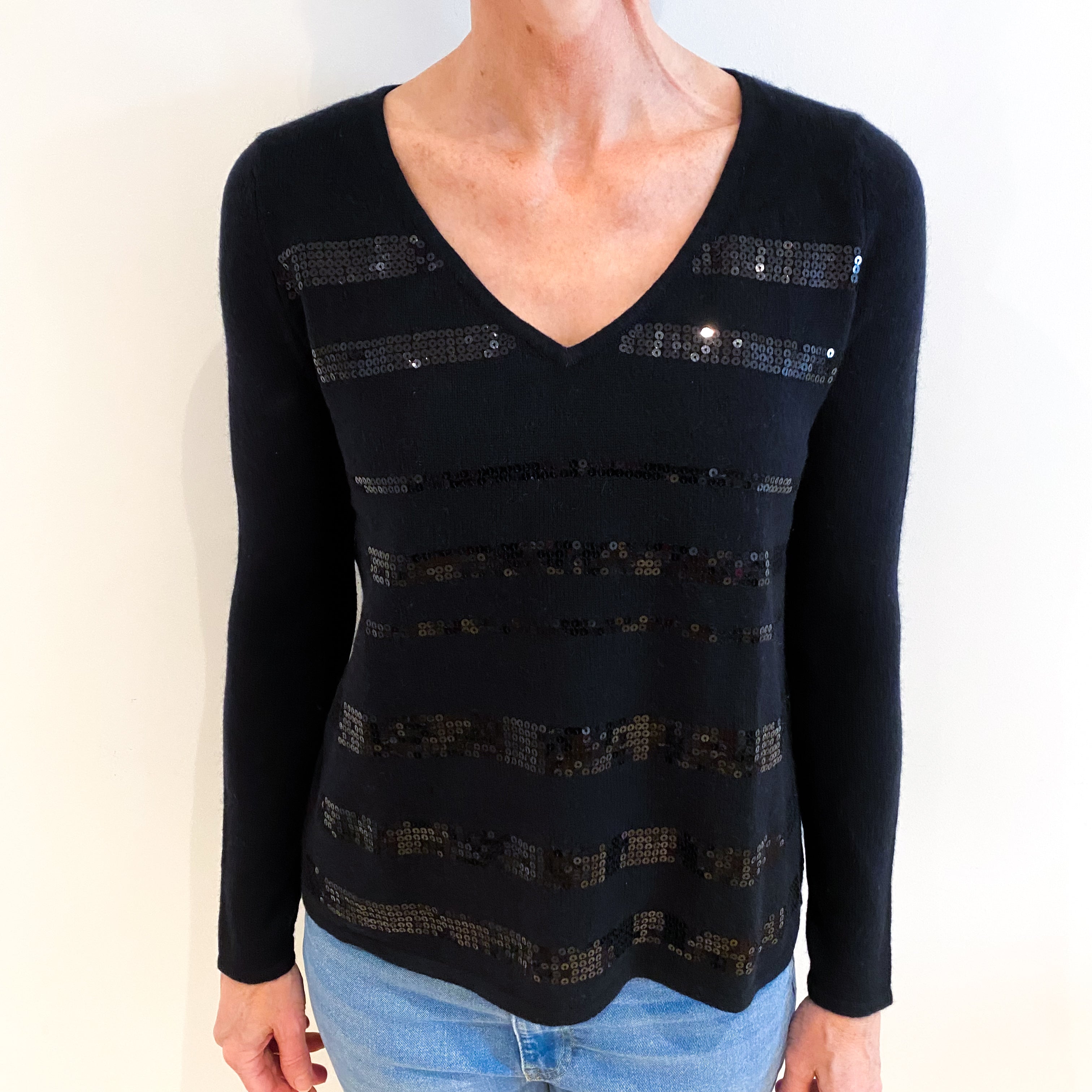 Black Sequinned Cashmere V Neck Jumper Small