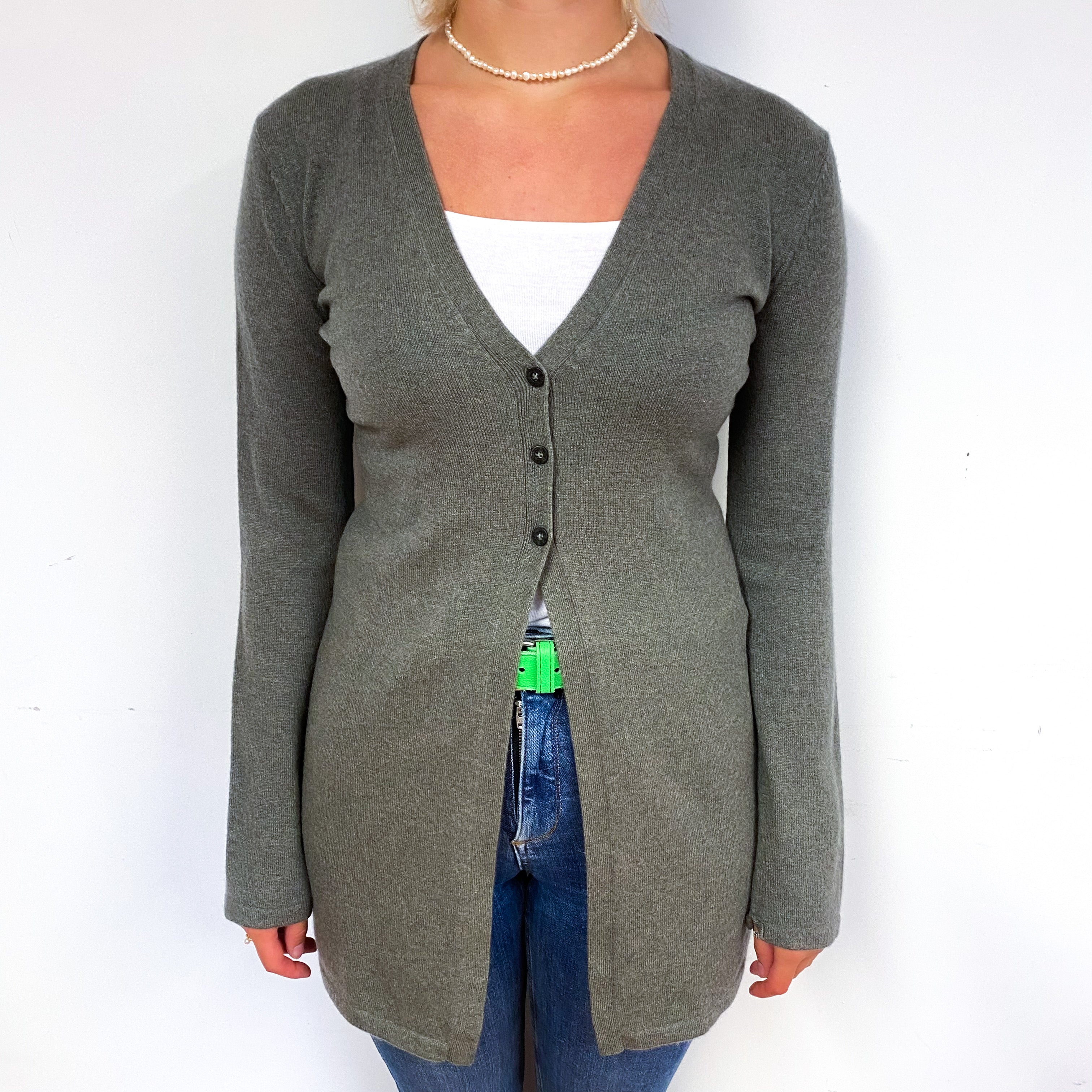 Khaki Grey Cashmere V-Neck Cardigan Small