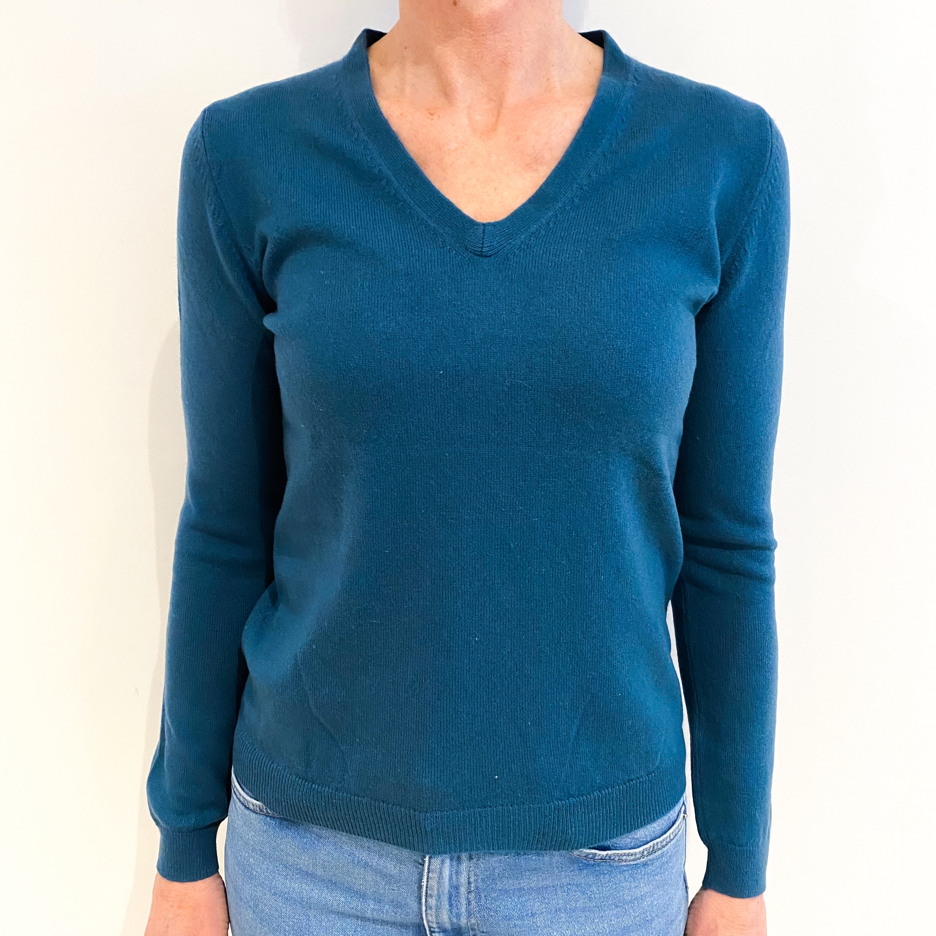 Petrol Blue Cashmere V Neck Jumper Small