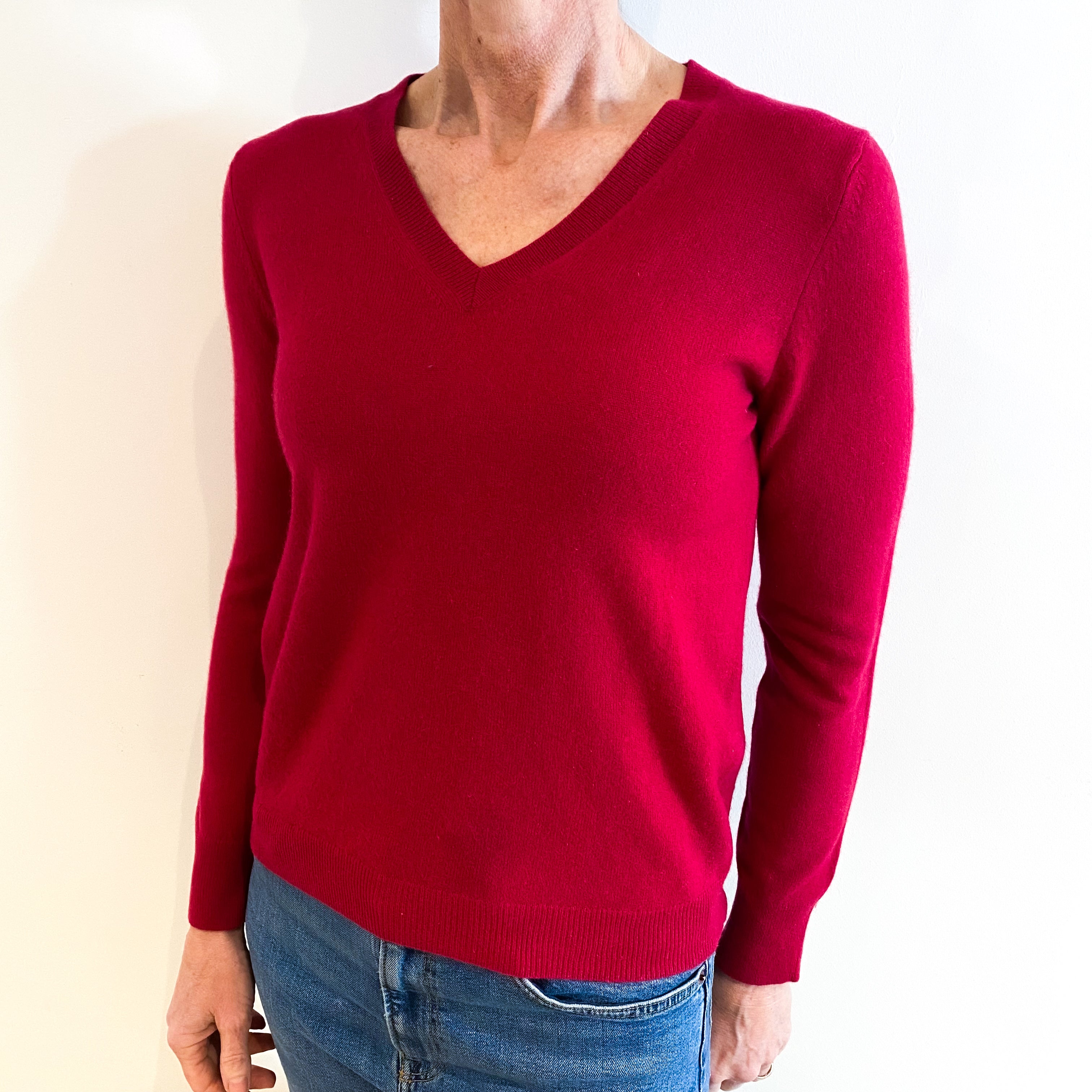 Cherry Red Cashmere V Neck Jumper Small