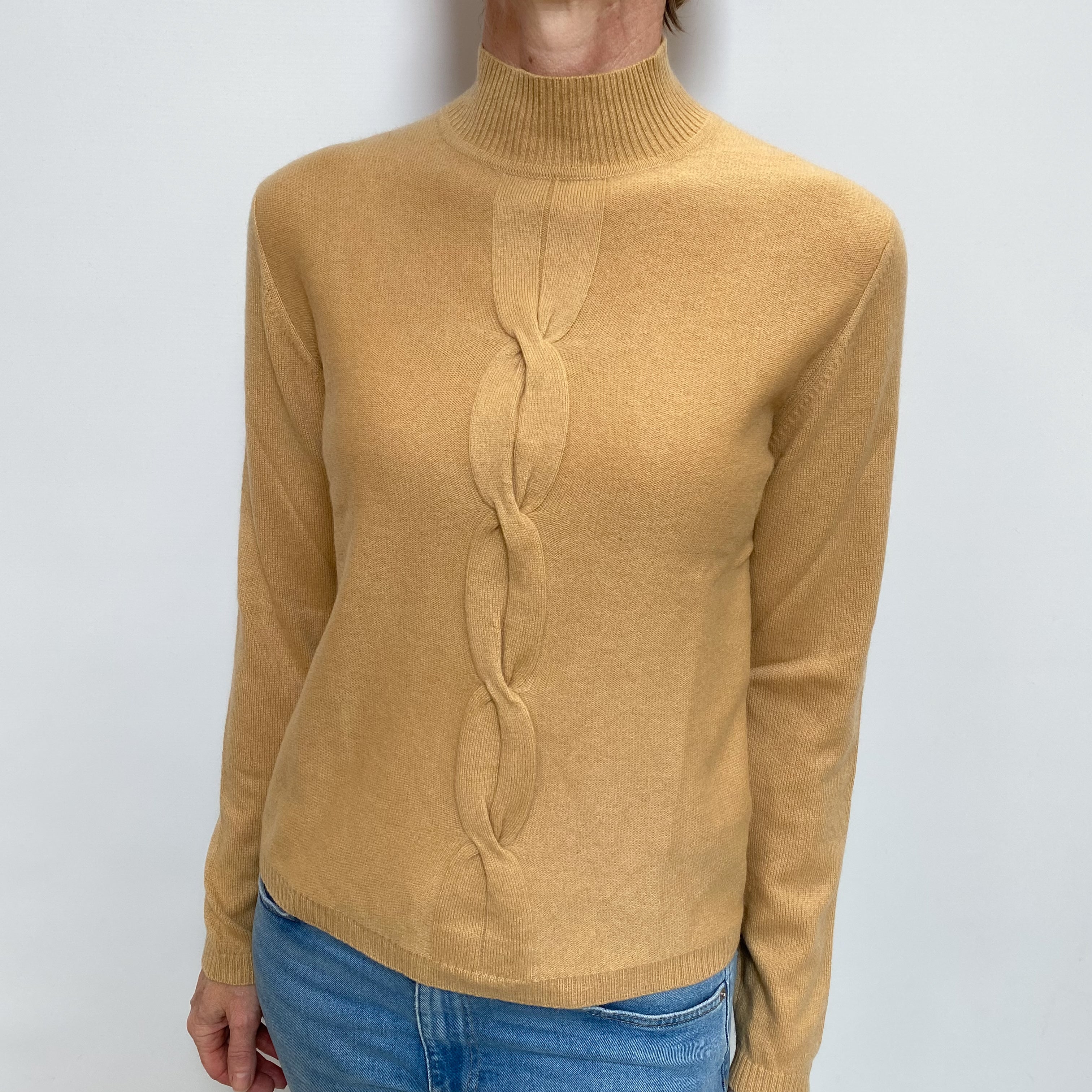 Caramel Brown Cable Detail Cashmere Turtle Neck Jumper Small