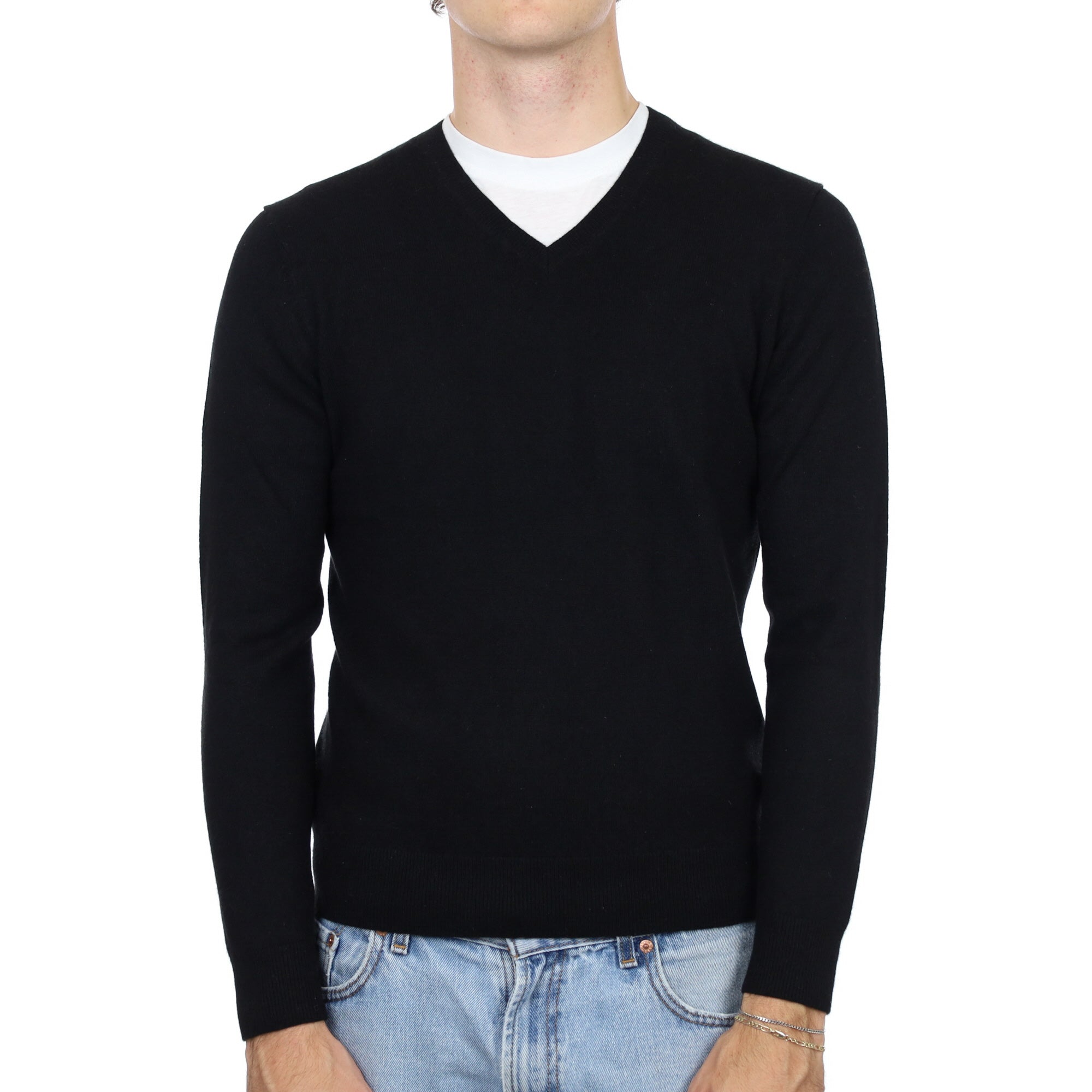 Men's Black Cashmere V Neck Jumper Medium