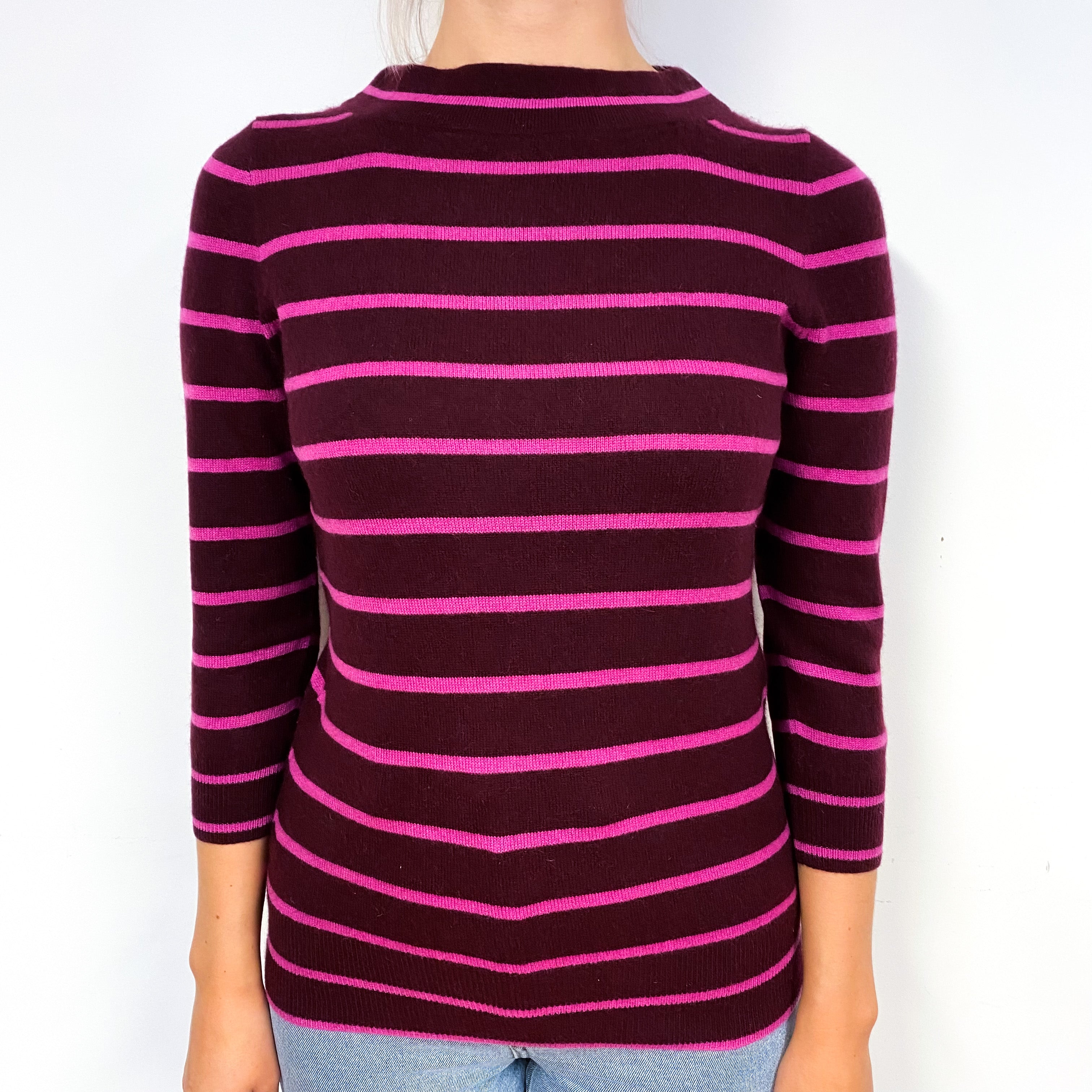 Wine Red Pink Stripe Cashmere Boat Neck Jumper Small