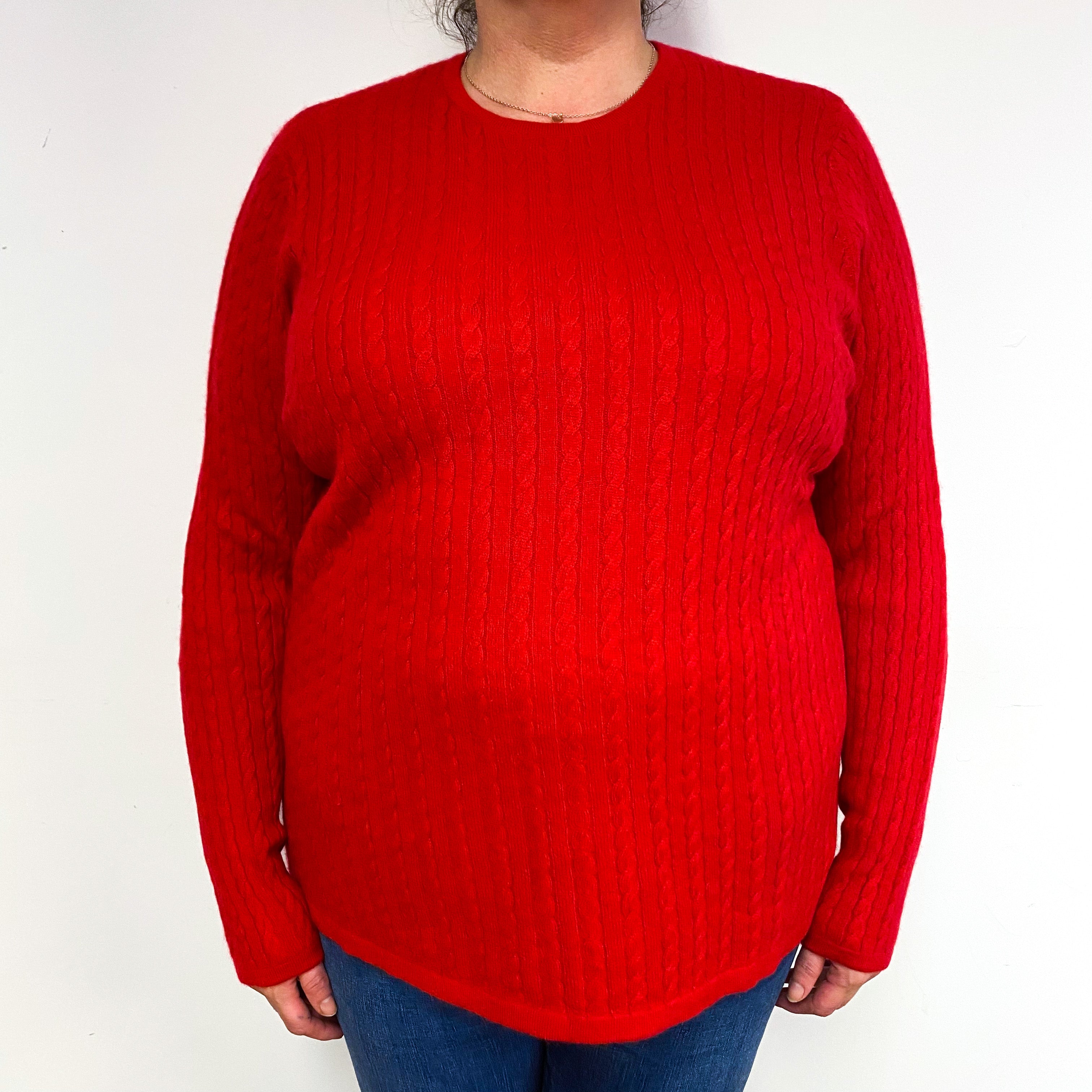 Scarlet Red Cable Cashmere Crew Neck Jumper Extra Extra Large