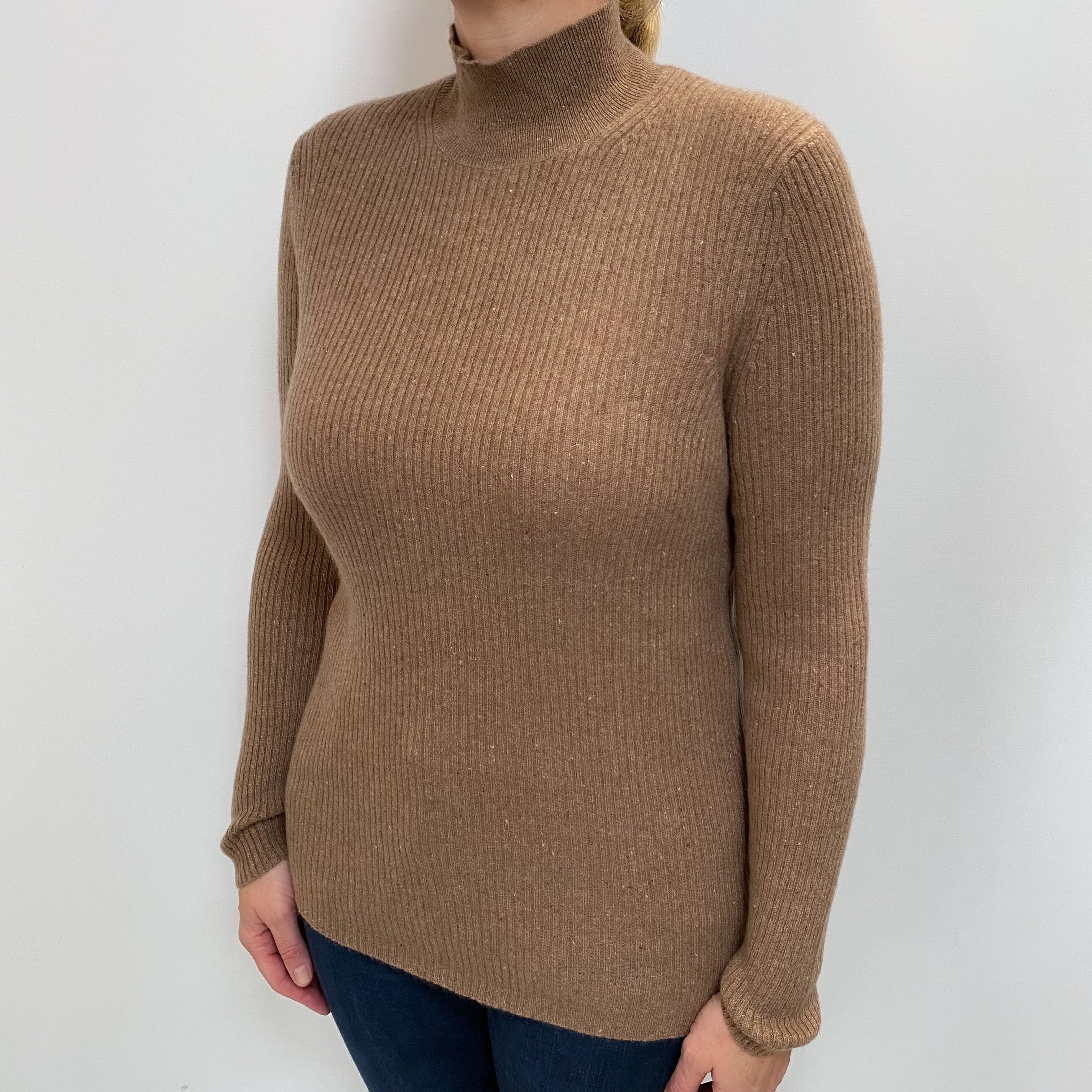 Taupe Brown Flecked Cashmere Turtle Neck Jumper Large