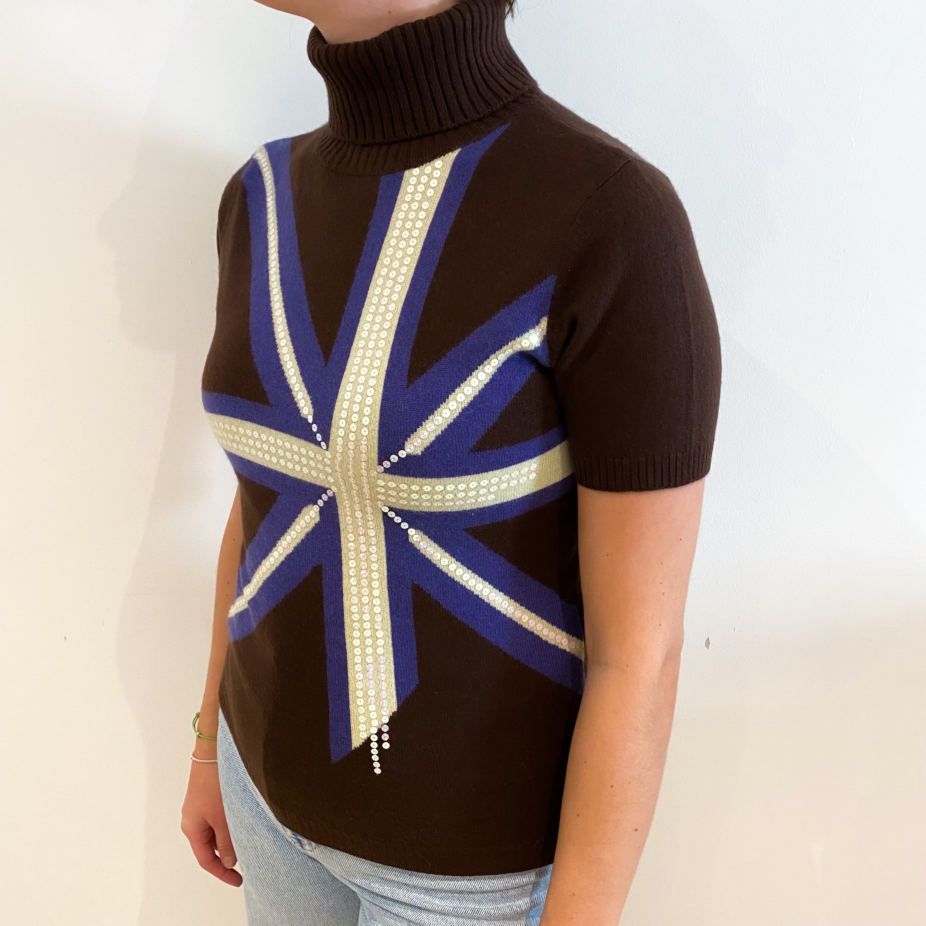 Chocolate Brown ‘Union Jack’ Design Cashmere Polo Neck Short Sleeved Jumper Small