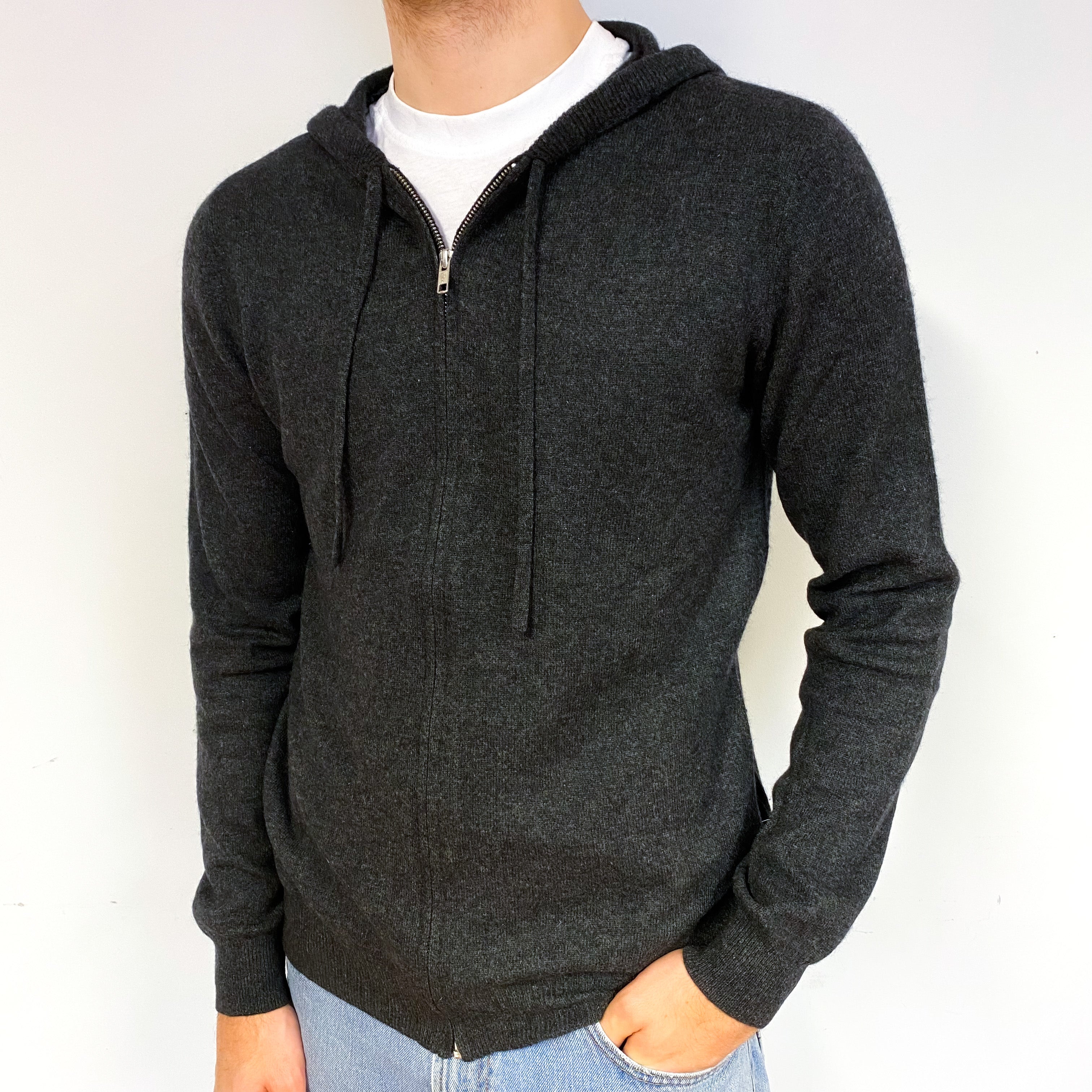 Men's Charcoal Grey Cashmere Zip Up Hoodie Jumper Medium