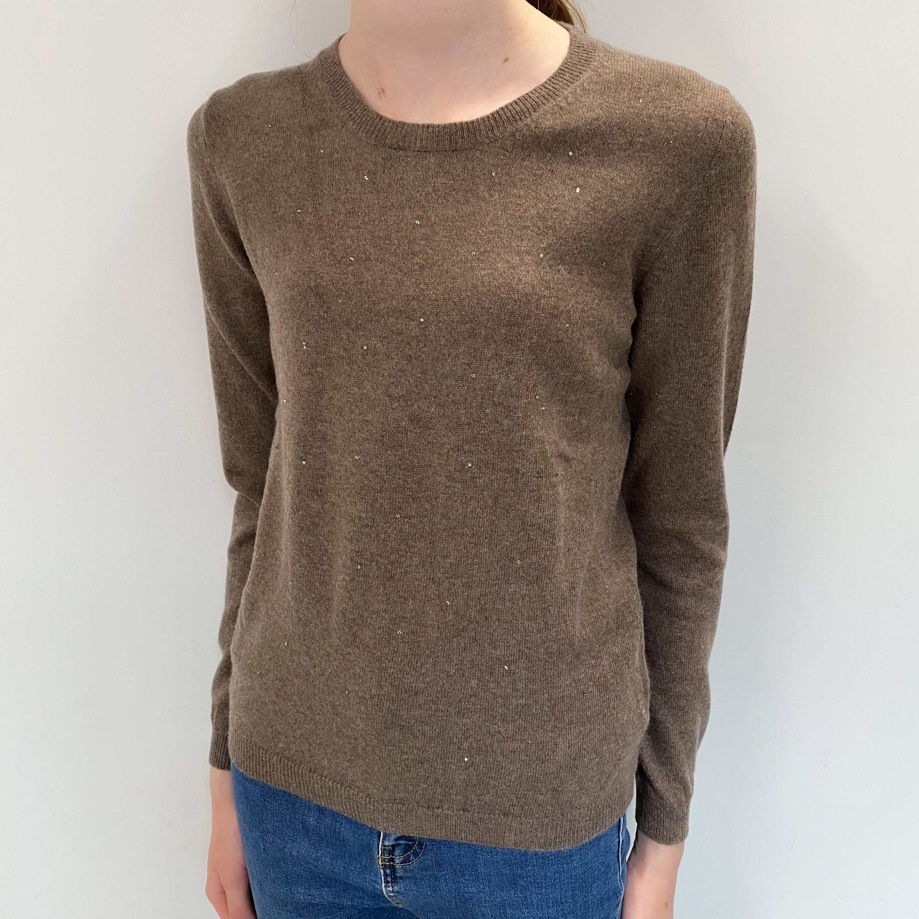 Mocha Brown Sparkly Cashmere Crew Neck Jumper Extra Small