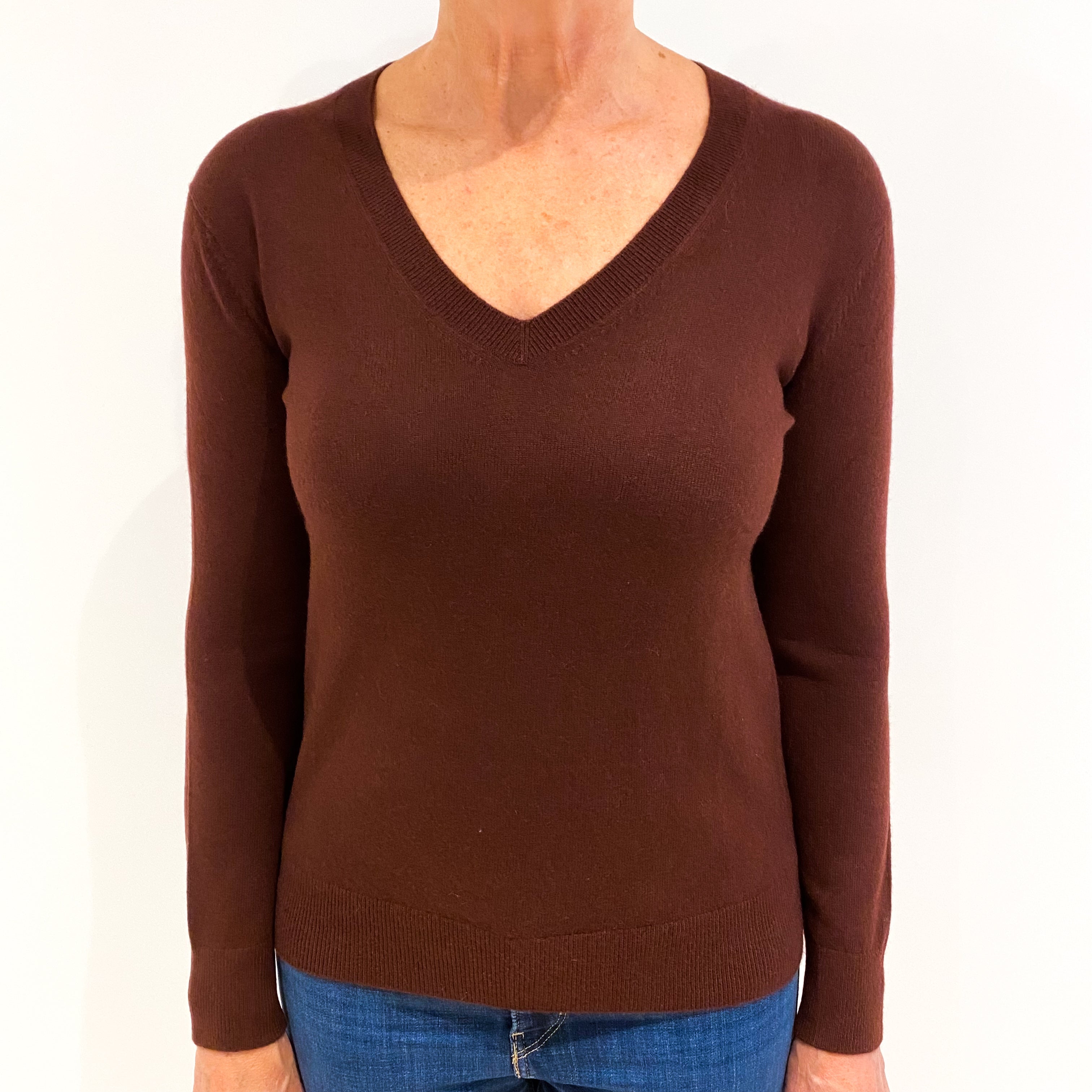 Umber Brown Cashmere V-Neck Jumper Medium