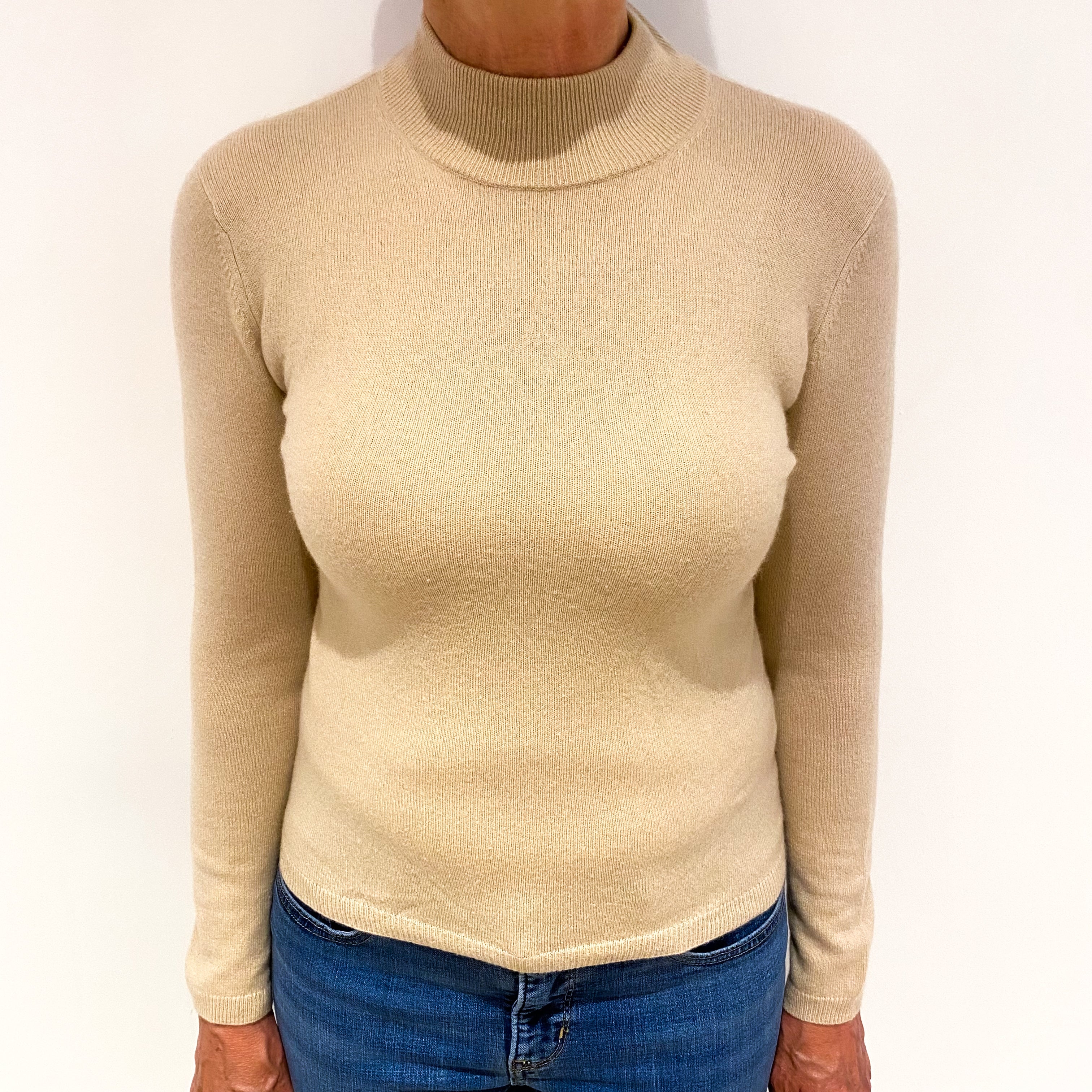 Sand Beige Cashmere Polo Neck Jumper Medium