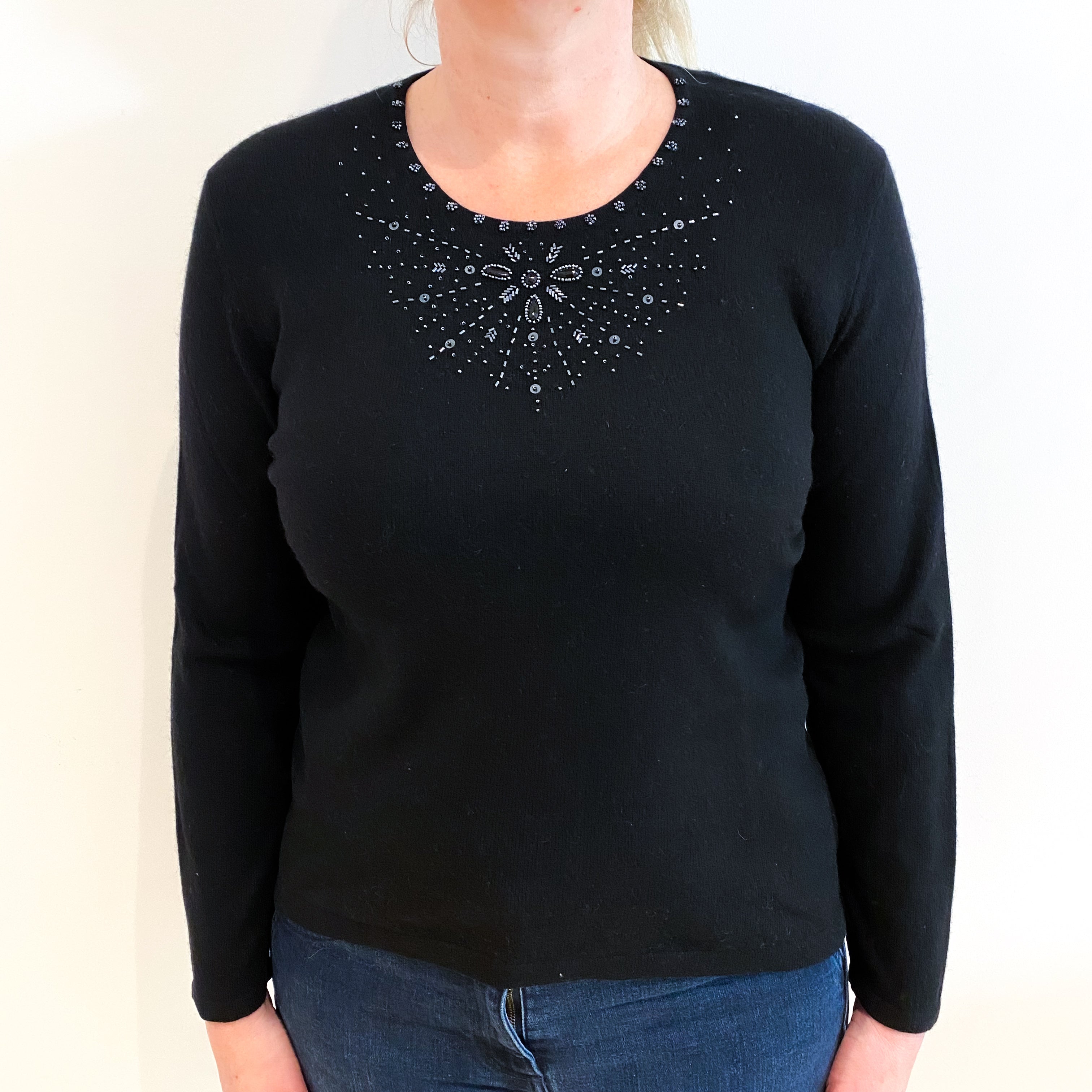 Black Cashmere Embellished Crew Neck Jumper Large